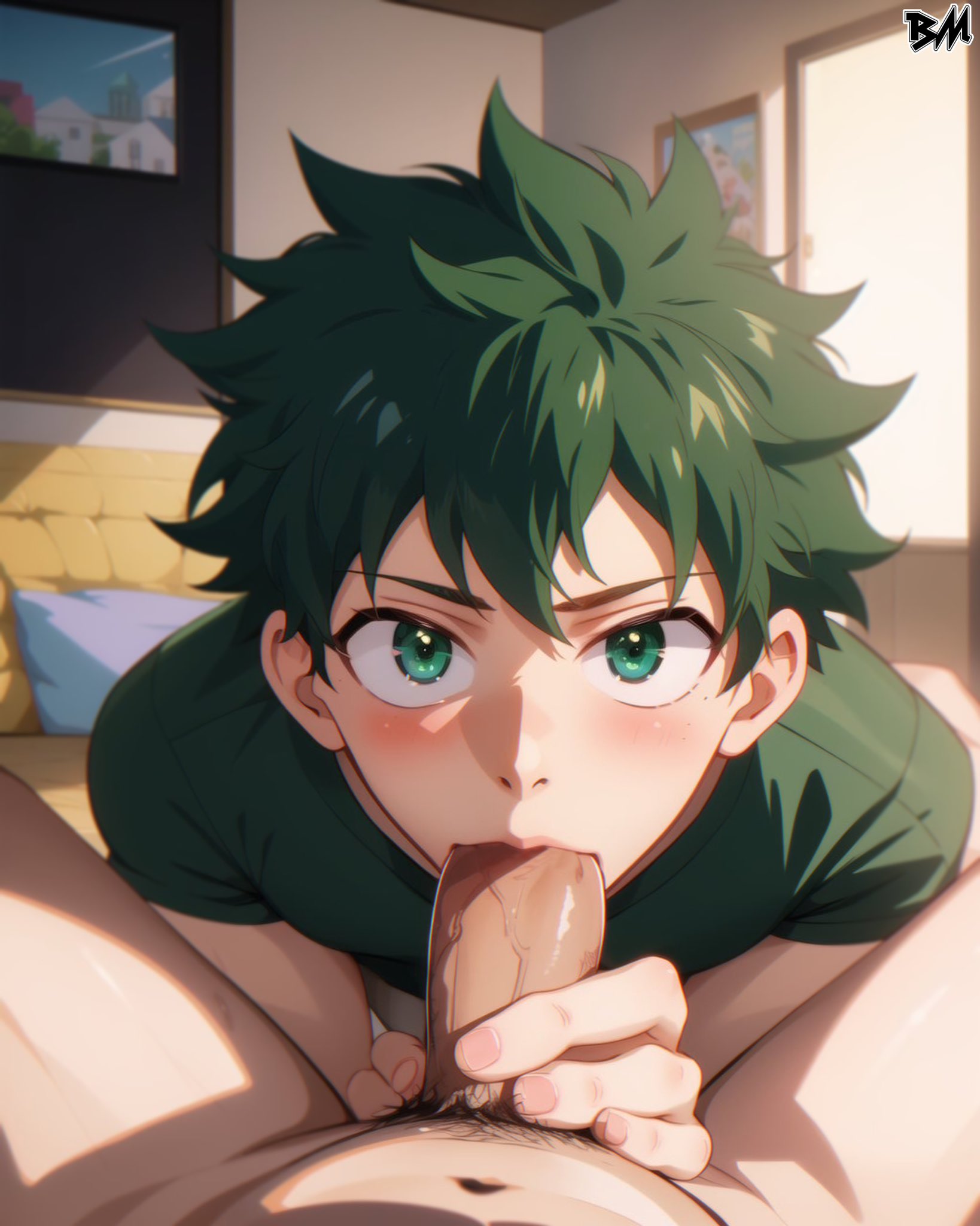 2boys, ai generated, big ass looover, big eyes, blowjob, eye contact, fellatio, fellatio pov, gay, gay oral, giving head, green eyes, green hair, holding penis, izuku midoriya, looking at viewer, male, male only, male pov, male/male, my hero academia, oral, penis, penis in mouth, pov, pretty boy, sucking, yaoi