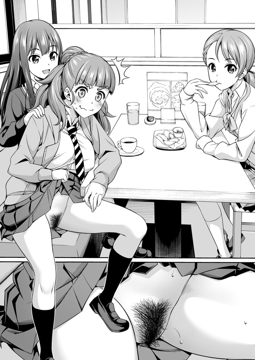 3girls :d ^^^ absurdres asuhiro_(handsome_aniki) booth_seating breasts cardigan_vest close-up closed_eyes clothes_lift commentary_request cup diagonal-striped_necktie eating exposed exposed_pussy female_pubic_hair food glass grey_hair greyscale highres hojo_karen holding holding_food idolmaster idolmaster_cinderella_girls indoors jewelry kamiya_nao large_breasts loafers looking_at_another looking_at_viewer loose_necktie menu monochrome multiple_girls necklace necktie no_panties paid_reward_available pubic_hair pussy restaurant saucer school_uniform shibuya_rin shoes sitting skirt skirt_lift smile socks sweat table teacup triad_primus_(idolmaster) variant_set wavy_mouth window wing_collar