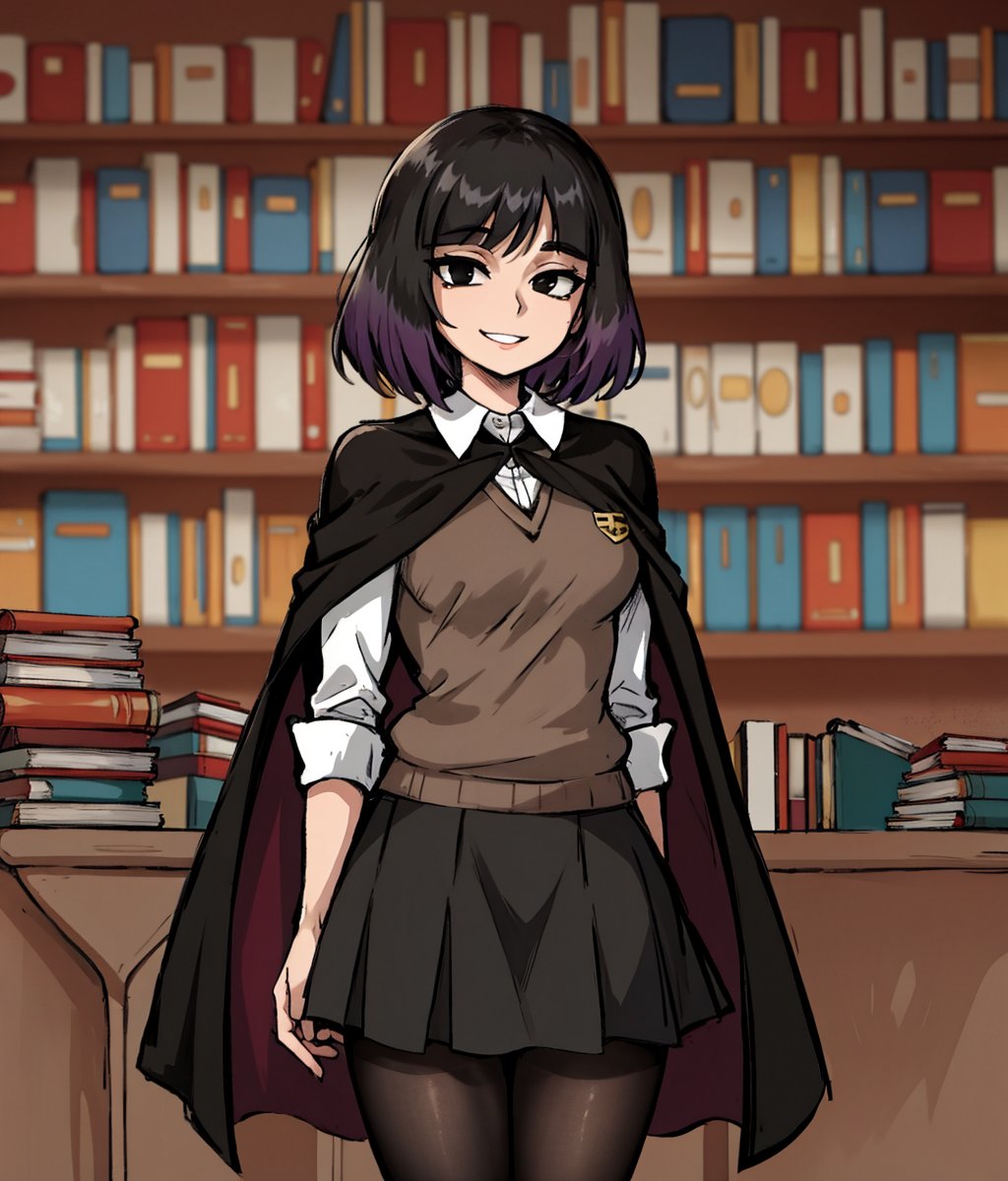 ai_generated black_cape black_eyes black_hair black_pantyhose black_skirt breasts grey_vest hilda_(series) kaisa_(hilda) leukocrisp looking_at_viewer pale-skinned_female pale_skin pantyhose purple_cape purple_hair shirt short_hair skirt smile smiling smiling_at_viewer thigh_highs thighhighs thighs two_tone_cape two_tone_hair vest white_shirt