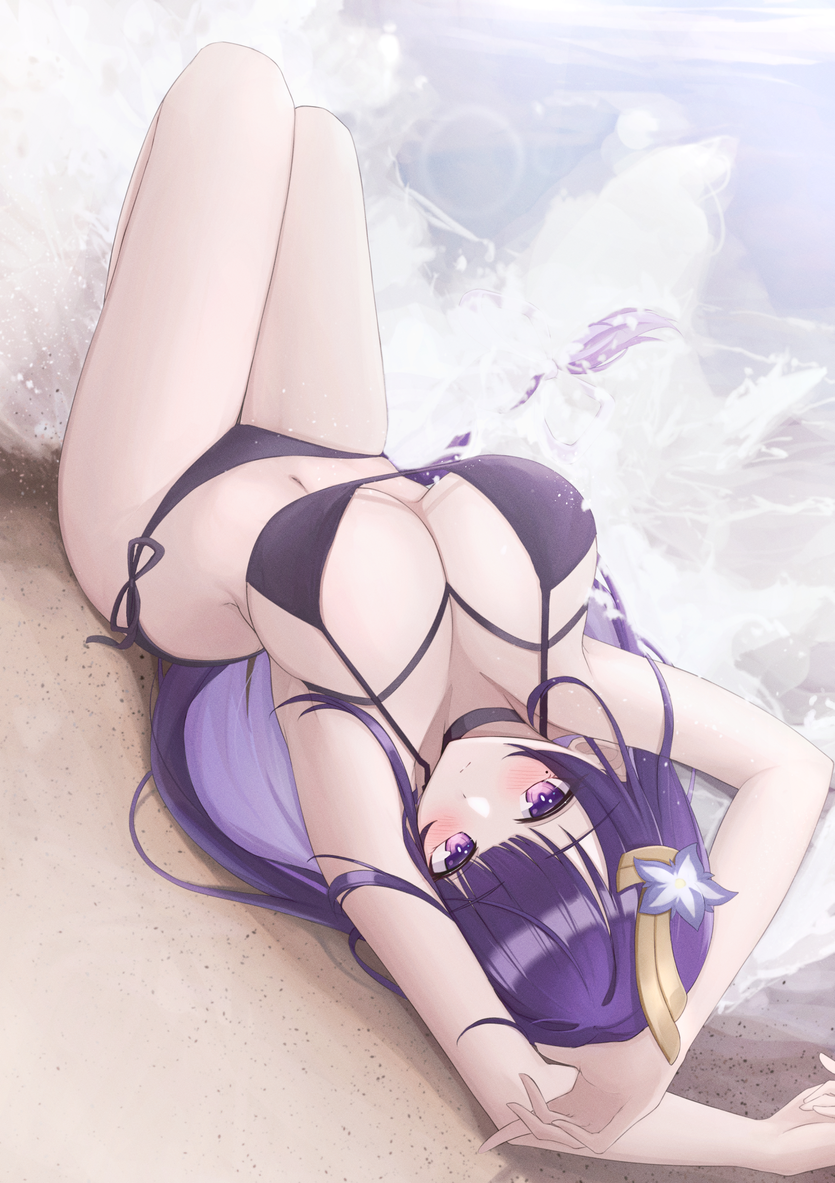 1girls, absurdres, arms up, beach, bikini, black choker, blunt bangs, blush, breasts, choker, closed mouth, female, flower, genshin impact, hair flower, hair ornament, highres, knees up, large breasts, long hair, lying, mofu07519, mole, mole under eye, navel, on back, purple eyes, purple hair, raiden shogun, solo, stomach, swimsuit, thighs, very long hair, water, wet