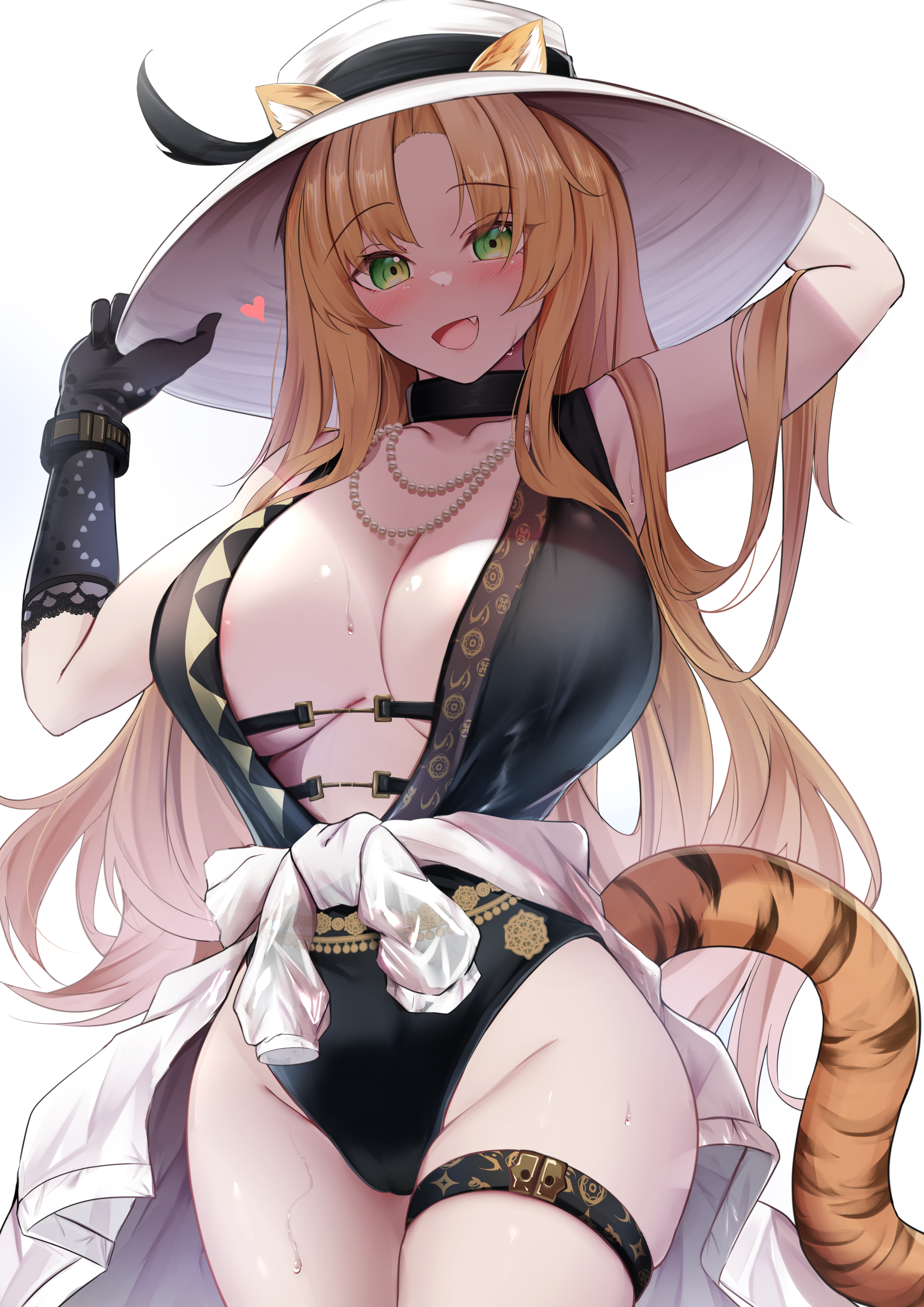 areola slip, arknights, cameltoe, cute fang, female, hat, kokihanada, one-piece swimsuit, pussy, swimsuit, swire (arknights), swire the elegant wit (arknights), tiger girl