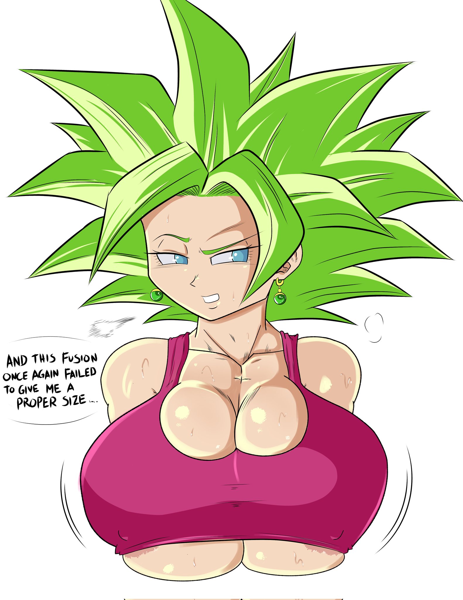1girls, alternate breast size, areola slip, areolae, big breasts, breast expansion, breast growth, breast growth (enlargement), breast squish, breasts, busty, dialogue, dragon ball, dragon ball super, earrings, female, green hair, huge breasts, kafla, kefla, large breasts, lewdyartz, sweat, thick