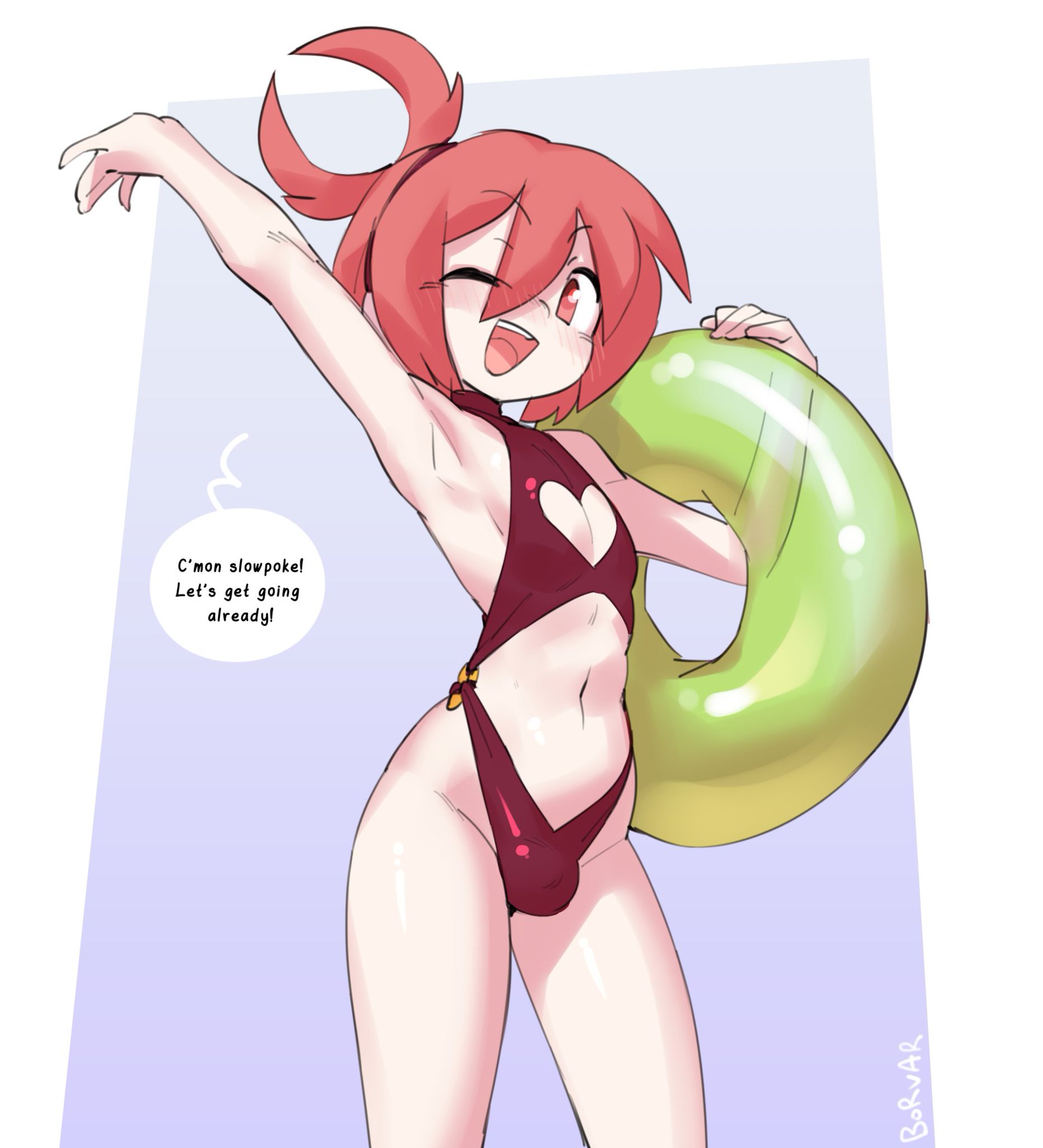 1boy, borvar, bulge, character request, cute, cute male, femboy, light skin, light-skinned male, male, original, original character, pale skin, pale-skinned male, petite, solo focus, swimsuit