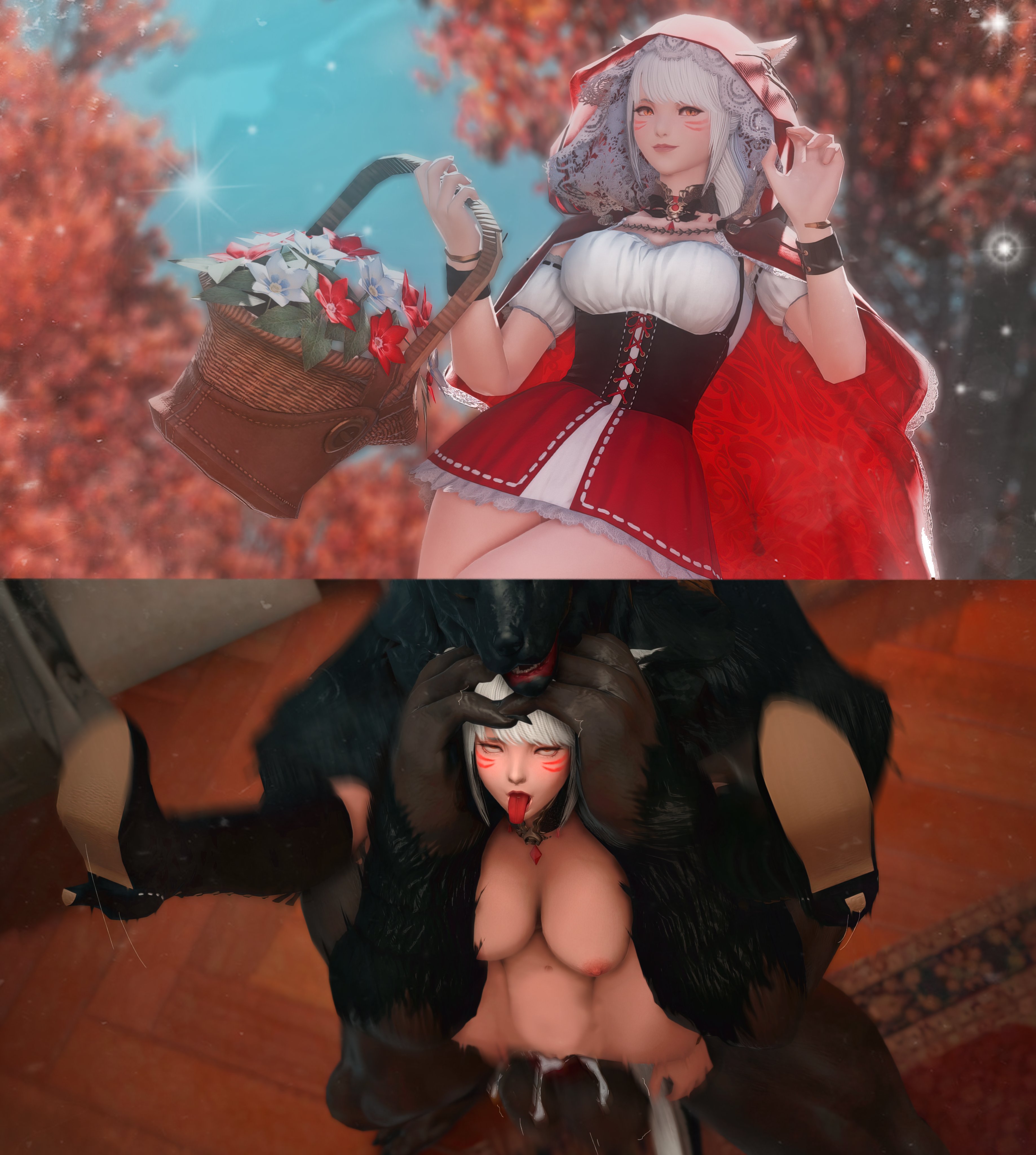 1girls, 2koma, 3d, ahe gao, balls, before and after, big balls, black fur, breasts, carrying, carrying position, cat ears, cat girl, catgirl, choker, collar, cum, cum inside, defeated, female, final fantasy, final fantasy xiv, full nelson, full nelson (legs held), gpose (ffxiv), grabbing, high heel boots, instant loss, interspecies, little red riding hood, male, miqo'te, netsukichi, nude, penetration, size difference, standing full nelson, standing sex, striped, tagme, tongue, tongue out, werewolf, white hair, wolf
