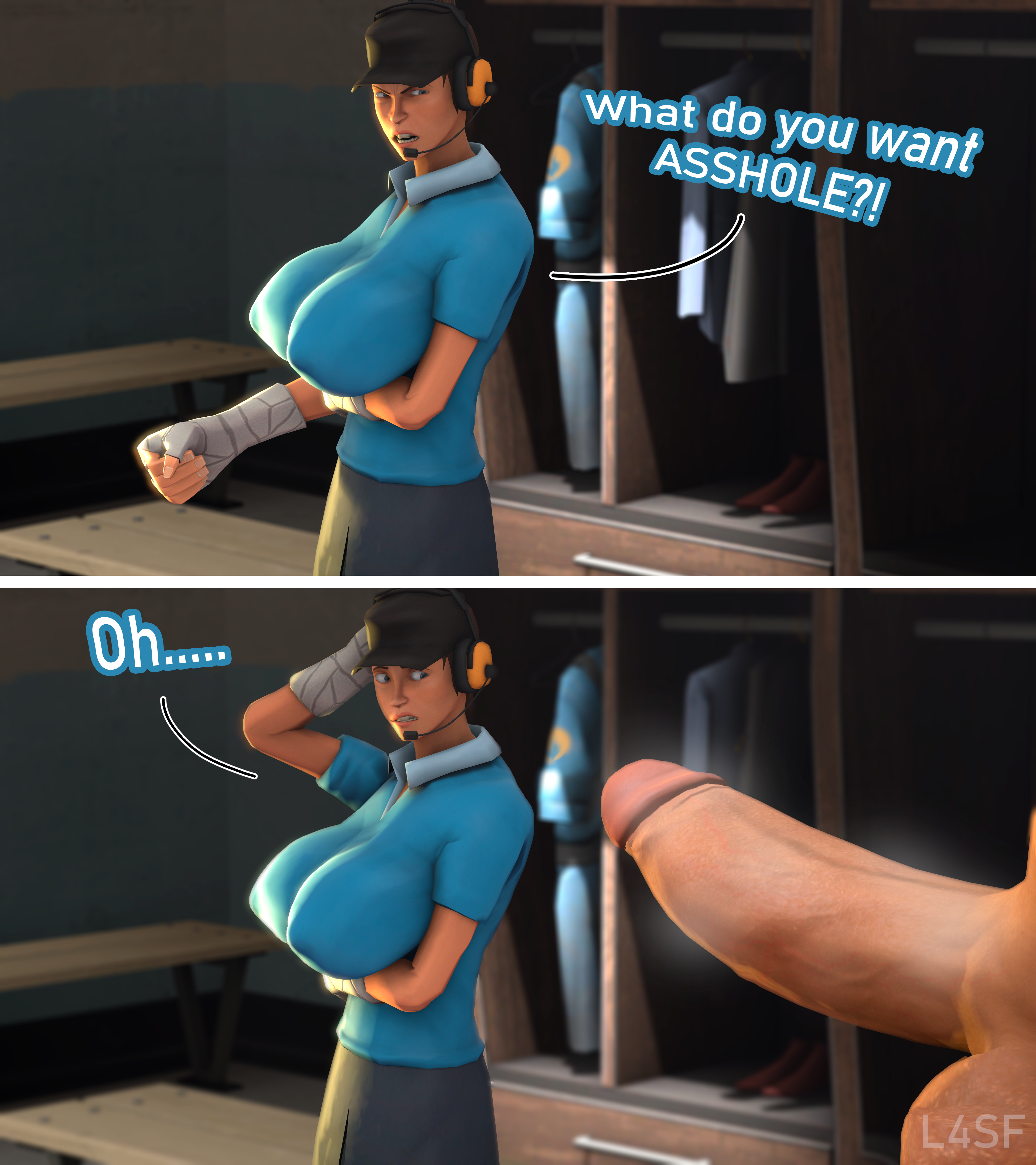 1girls, angry, big breasts, big penis, breasts, cock shock, dialogue, english text, female, femscout, holding breast, male, nervous, penis, penis awe, presenting penis, steam, steaming penis, straight, team fortress 2, text, uncensored