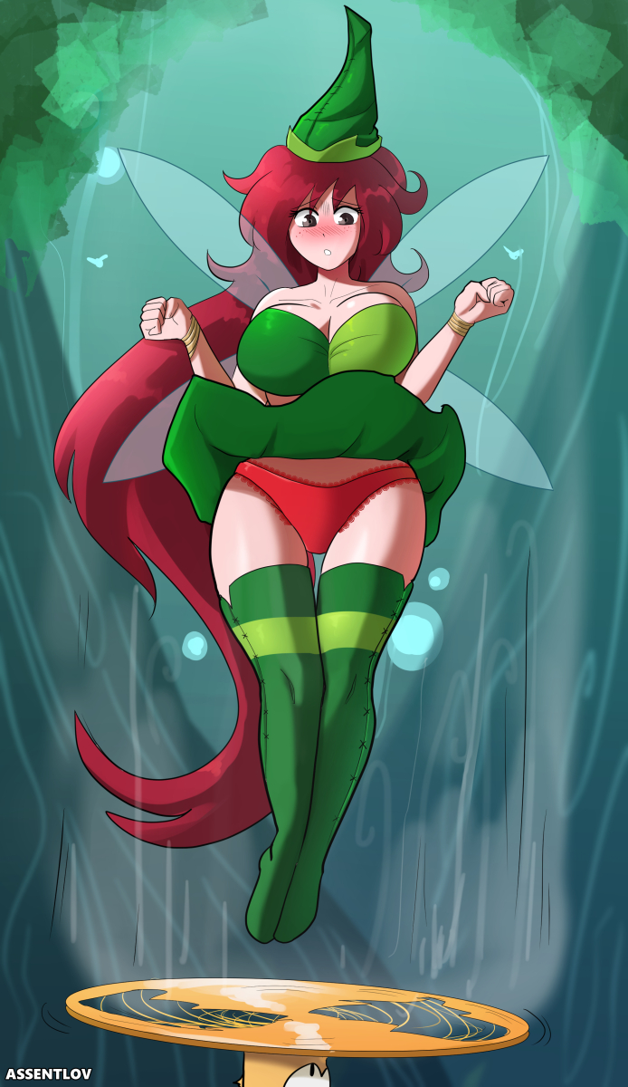 assentlov assisted_exposure betilla_(rayman) blush canonical_scene exposed_panties fairy green_hat green_skirt hat long_hair nymph_(rayman) panties rayman rayman_(series) red_hair red_panties skirt_lift skirt_up thighhighs tits