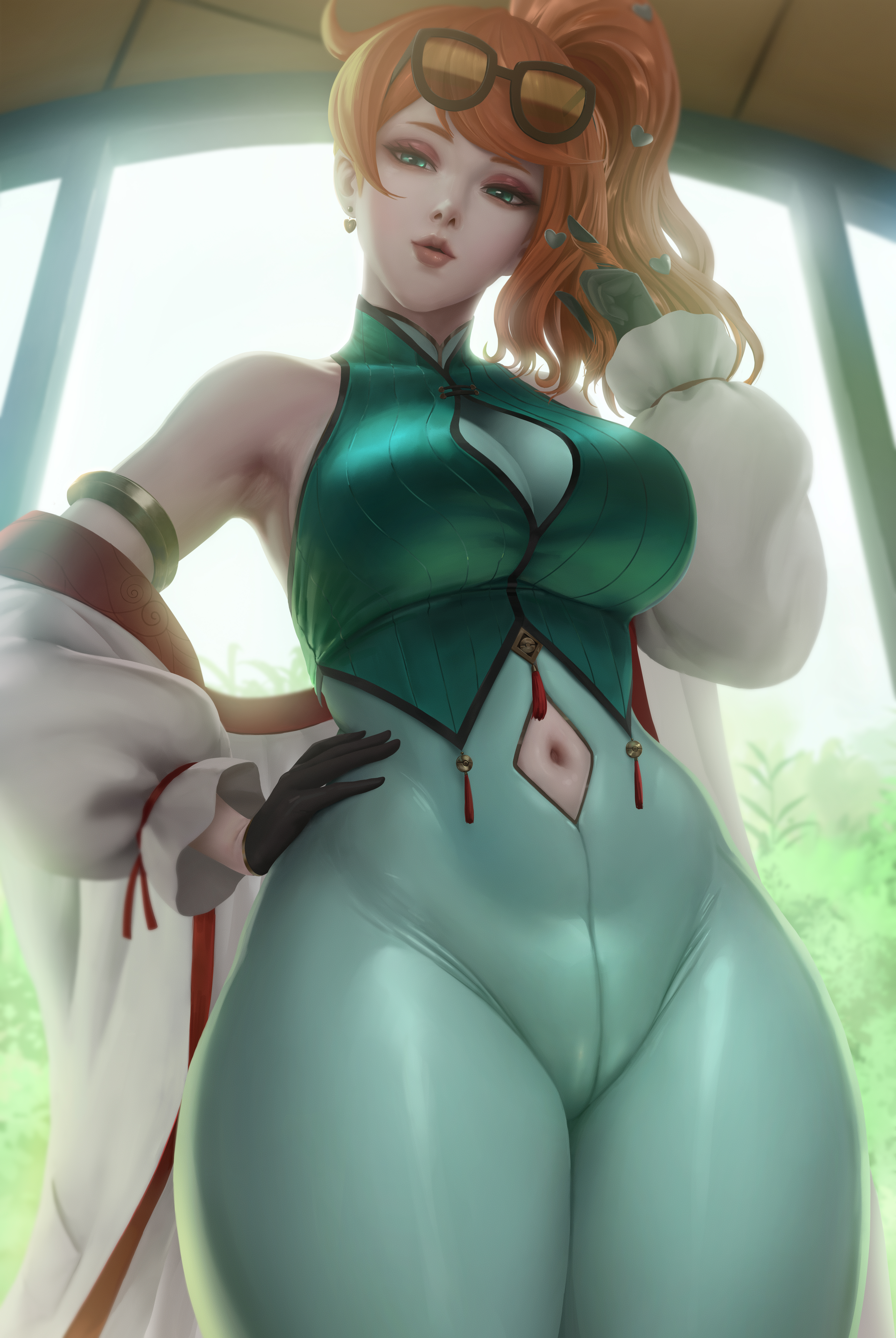 1girls, absurd res, absurdres, armpits, black gloves, breasts, cameltoe, clothing cutout, earrings, female, glasses, glasses on head, gloves, green eyes, half-closed eyes, hand on hip, hi res, high resolution, highres, indoors, jewelry, limgae, looking at viewer, looking down, navel, nintendo, orange hair, pokemon, pokemon ss, ponytail, pussy, side ponytail, sonia (pokemon), sunglasses, tied hair, tight clothing, very high resolution, window
