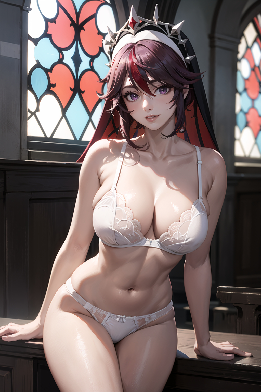 1girls, ai generated, bikini, breasts, curvaceous, curvy female, curvy figure, female, female focus, female only, genshin impact, hi res, large breasts, red hair, rosaria (genshin impact), seductive look, stable diffusion, voluptuous female