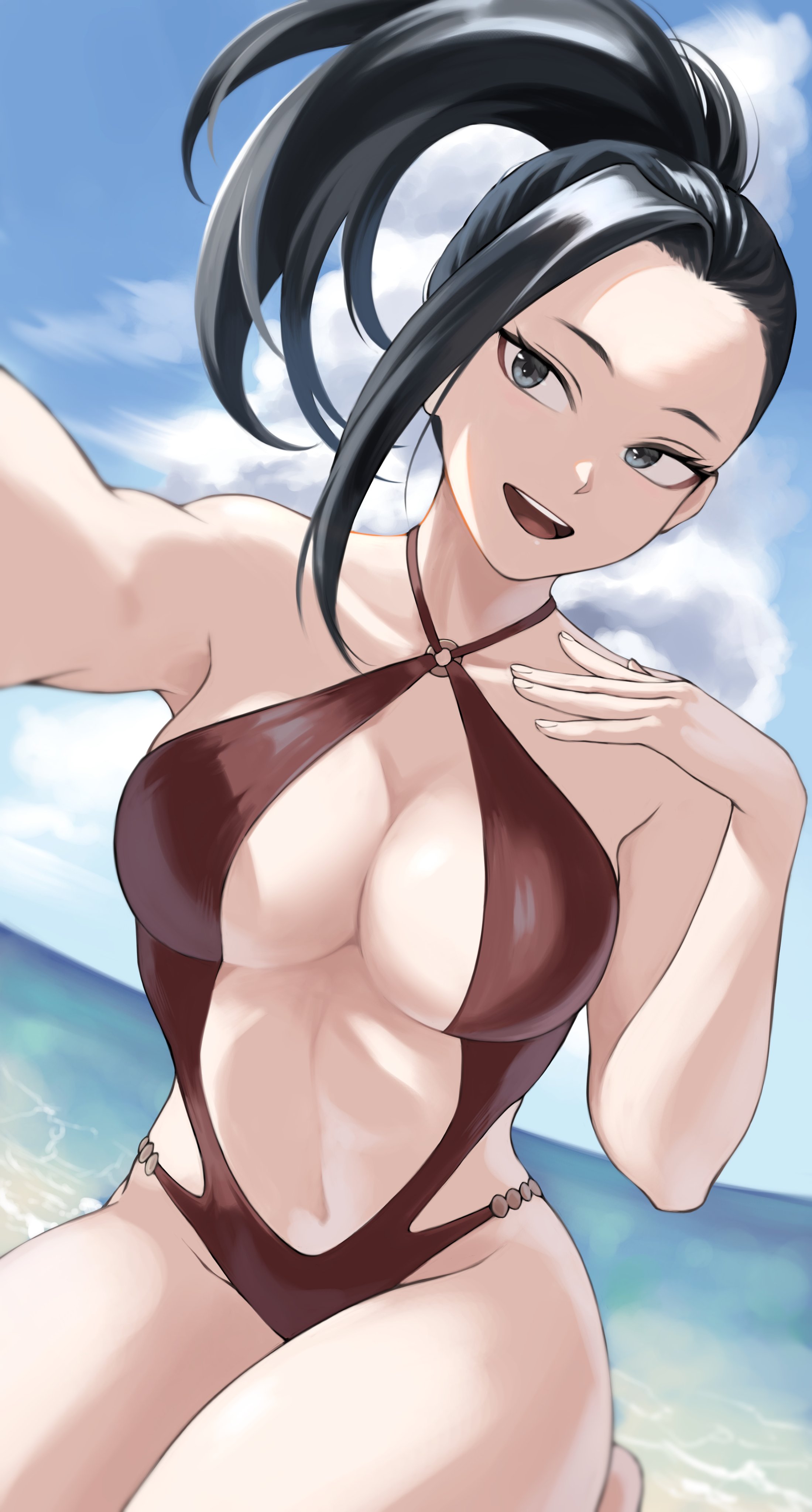 1girls, beach, black hair, black-haired female, bra, female, female only, fengling (furin-jp), looking at viewer, momo yaoyorozu, my hero academia, navel, revealing clothes, smile, swimsuit, water