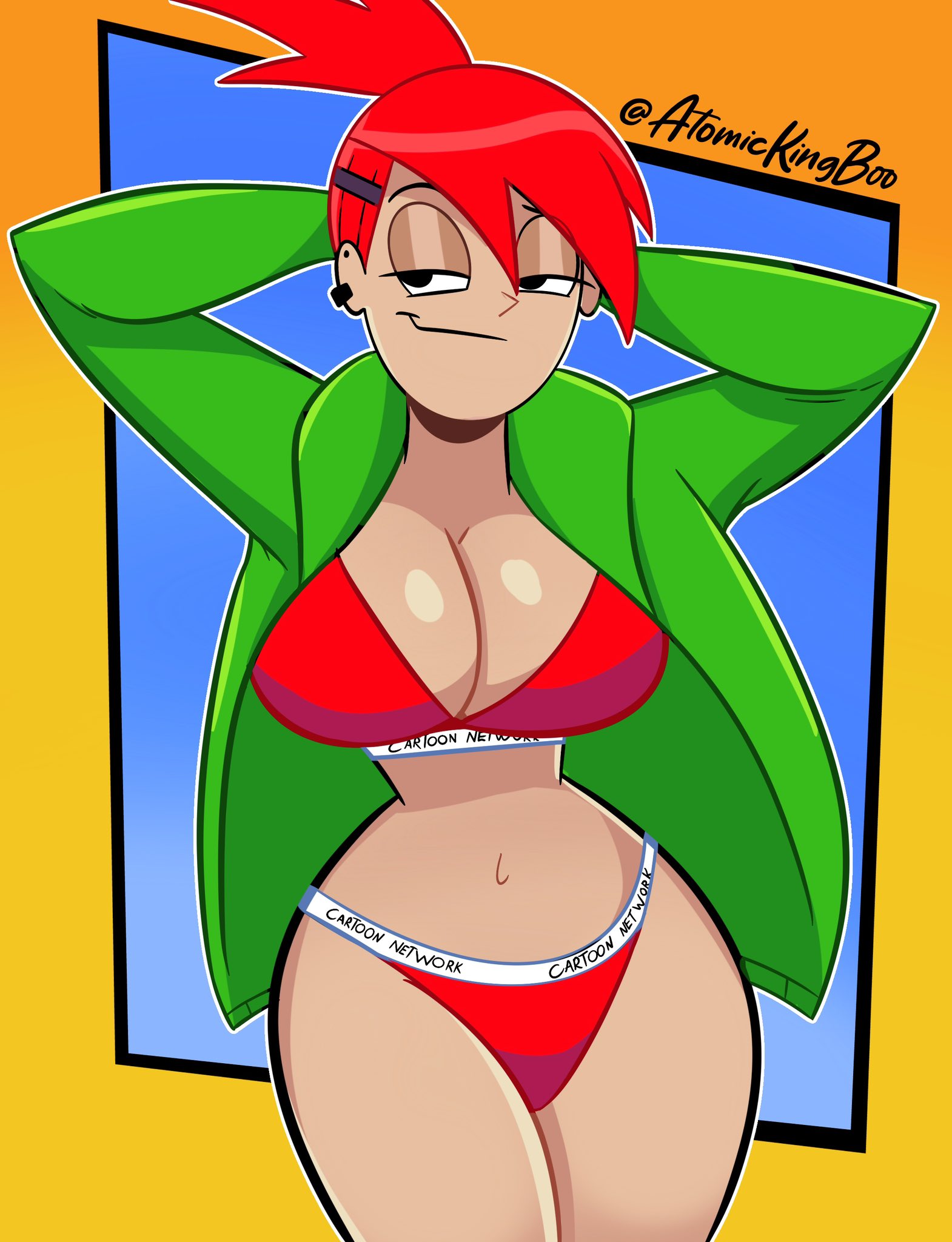 1girls, 2023, arms behind head, atomickingboo, bikini, breasts, cartoon network, child bearing hips, cleavage, confident, curvy, female, foster's home for imaginary friends, frankie foster, green jacket, half-closed eyes, legs, looking at viewer, navel, outside, pose, posing, red hair, seductive, seductive look, seductive smile, sensual, thick thighs, thighs, warner bros, warner brothers