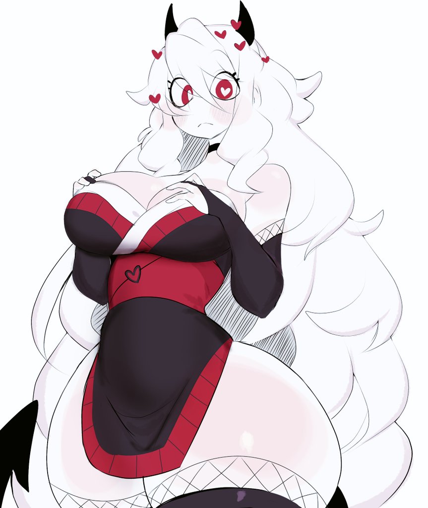 big breasts, black dress, breasts, cleavage, clothed, clothing, elbow gloves, female, heart, heart eyes, helltaker, long hair, modeus (helltaker), red eyes, solo, thick thighs, thunder thighs, usa37107692, white hair