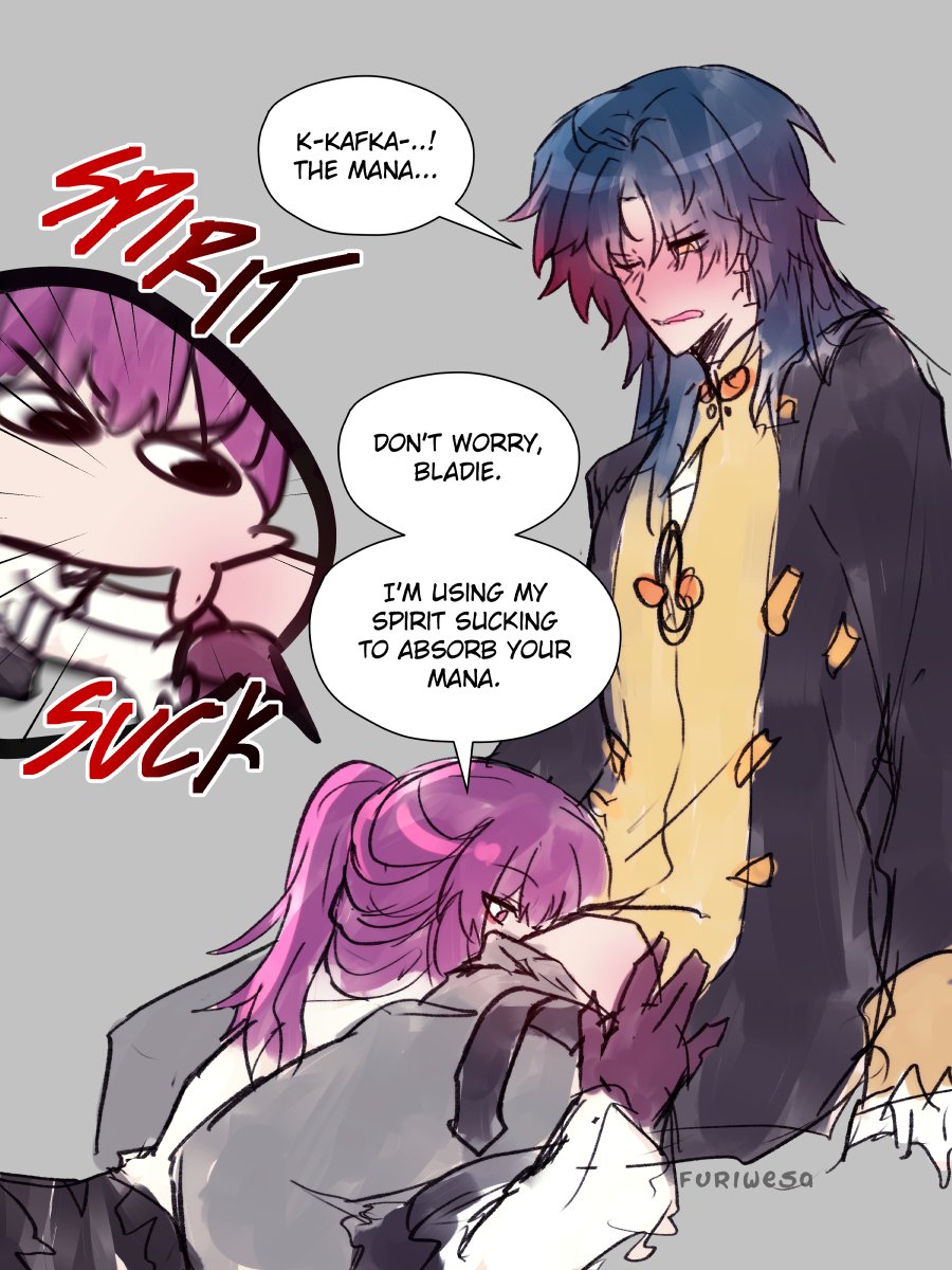 1boy 1girls :>= black_hair blade_(honkai:_star_rail) blowjob blush embarrassed embarrassed_male fellatio funny furiwesa honkai:_star_rail humor kafka_(honkai:_star_rail) misspelling one_eye_closed oral oral_sex purple_hair unbuttoned_pants