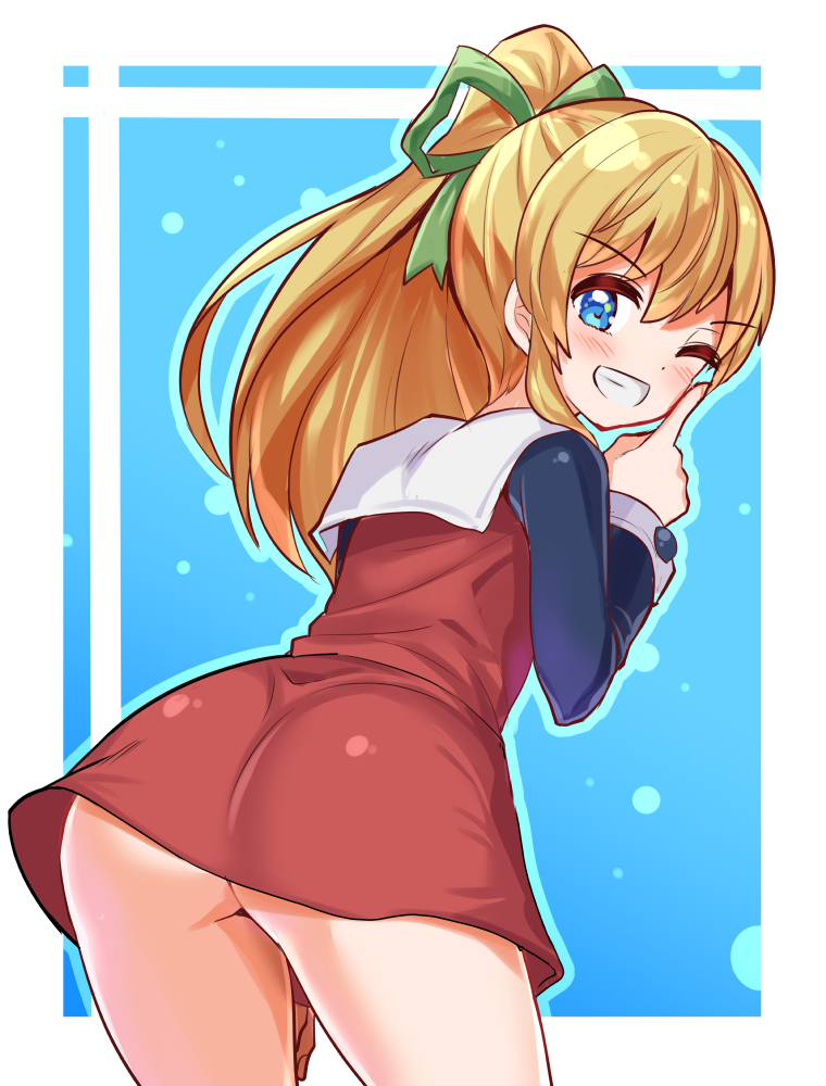 1girls android ass blonde_hair blush cougar1404 dress leaning leaning_forward mega_man mega_man(classic) robot_girl roll roll_pose thighs wink