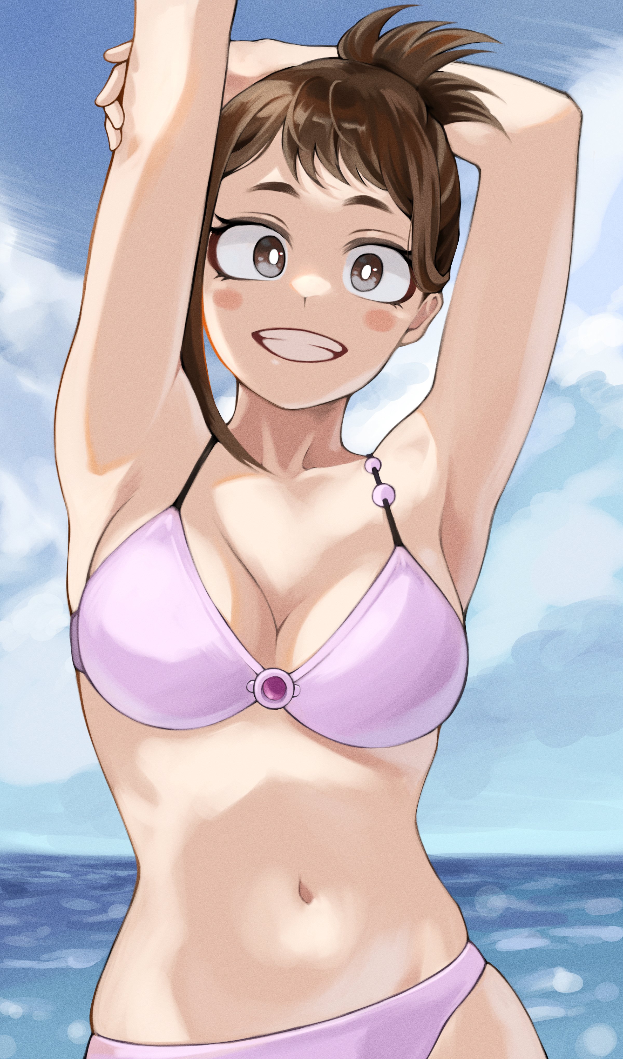 1girls, beach, bikini, brown hair, brown-haired female, female, fengling (furin-jp), looking at viewer, my hero academia, navel, ochako uraraka, smile, swimsuit, water