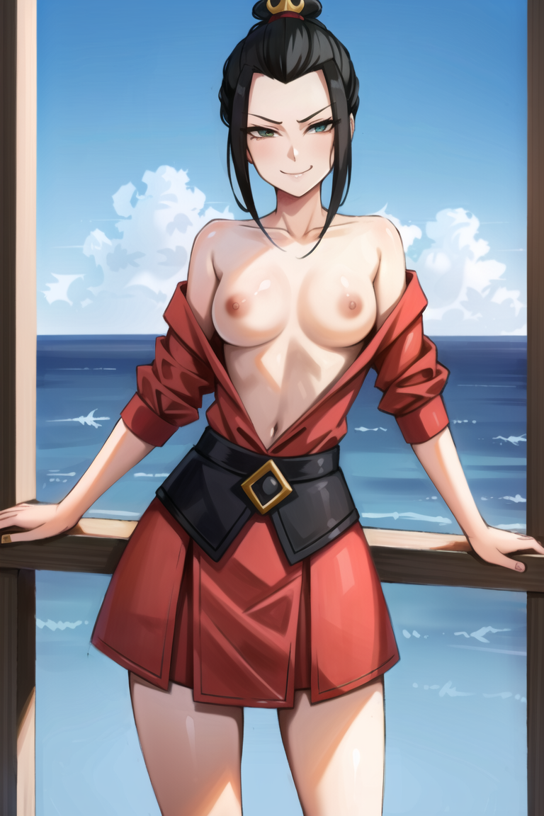 >:) 1girls ai_generated avatar_legends avatar_the_last_airbender azula bare_shoulders black_hair blue_sky blush breasts closed_mouth collarbone cowboy_shot day dress female fire_nation forehead green_eyes hair_bun looking_at_viewer medium_breasts navel nipples no_bra ocean off_shoulder open_clothes osyasenpai outdoors railing sky smile solo stable_diffusion standing v-shaped_eyebrows water