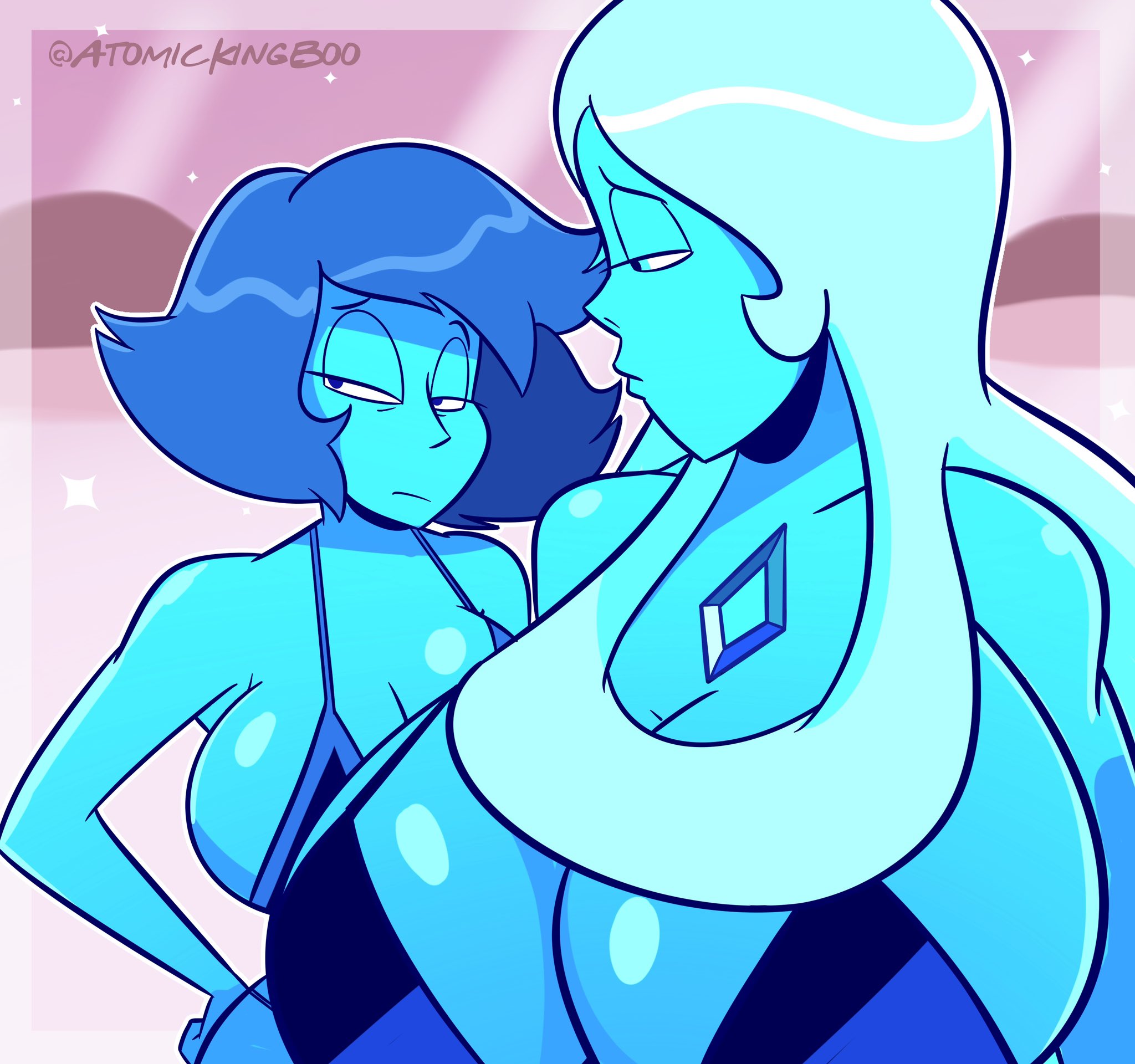 2023, 2girls, alien, alien girl, alien humanoid, artist name, atomickingboo, big breasts, bikini, bikini top, blue body, blue diamond (steven universe), blue eyes, blue hair, blue skin, breast envy, breast size difference, breasts, breasts bigger than head, busty, cartoon network, cleavage, clothed, clothed female, clothes, clothing, deep cleavage, duo, female, female only, front view, gem (species), hair, hand on hip, hi res, huge breasts, humanoid, lapis lazuli (steven universe), large breasts, long hair, looking at another, looking away, messy hair, mother daughter boob envy (meme), multiple females, multiple girls, narrowed eyes, steven universe, straight hair, warner bros, warner brothers