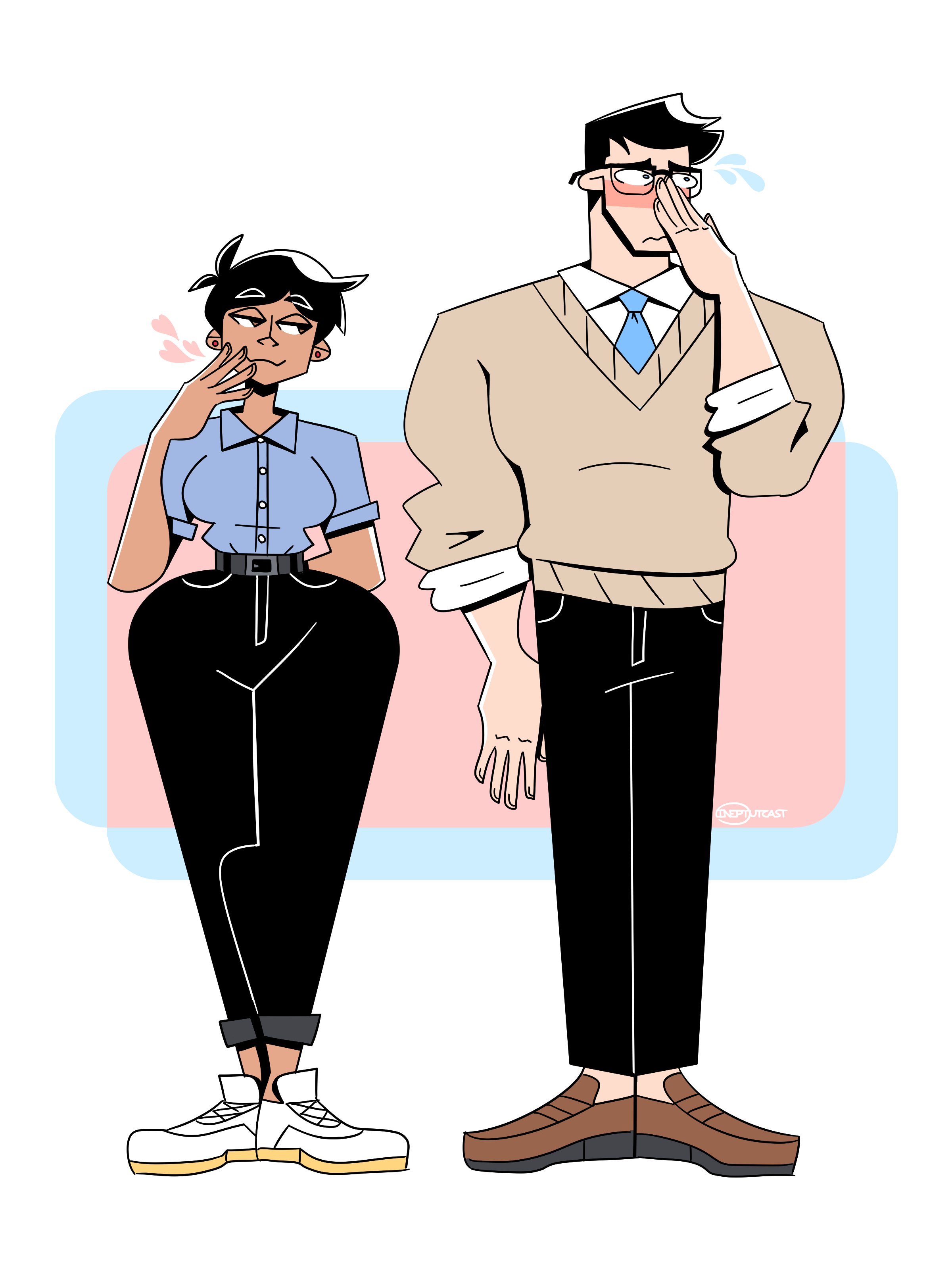 1boy, 1girls, 2020s, 2023, alien look like human, ass, big breasts, black pants, blue shirt, blue tie, blush, bottom heavy, breasts, broad shoulders, brown shoes, button up shirt, clark kent, clark kent (my adventures with superman), color, colored, cute, dc, dc comics, female, glasses, hearts around head, hips wider than shoulders, hourglass figure, huge ass, human, ineptoutcast, kal-el, kryptonian, large breasts, larger male, light skin, light-skinned female, lois lane, lois lane (my adventures with superman), male, my adventures with superman, nervous male, shiny skin, shirt, short hair, shorter female, simple background, superman, superman (clark kent), superman (series), sweater, taller male, tan body, tan skin, thick hips, thick legs, thick thighs, tomboy, twitter link, voluptuous, voluptuous female, white shoes, wide hips
