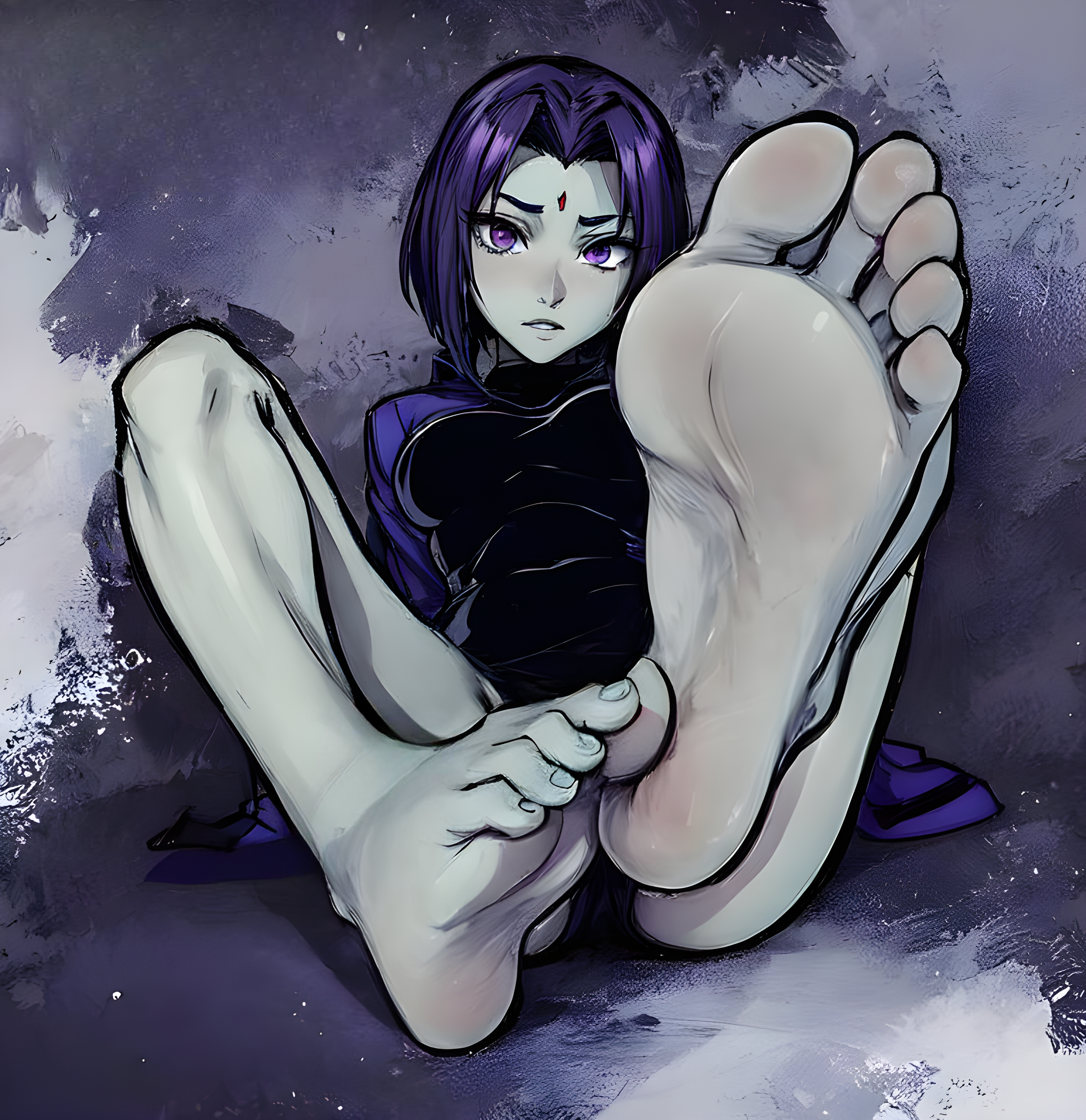 ai generated, anime, anime style, breasts, dc, dc comics, dirty, dirty feet, feet, feet together, feet up, female, female focus, female only, flat chest, flat chested, foot fetish, foot focus, fully clothed, greek toe, grey body, petite, purple eyes, purple hair, rachel roth, raven (dc), skinny, small breasts, soles, solo female, stable diffusion, teen titans, toes