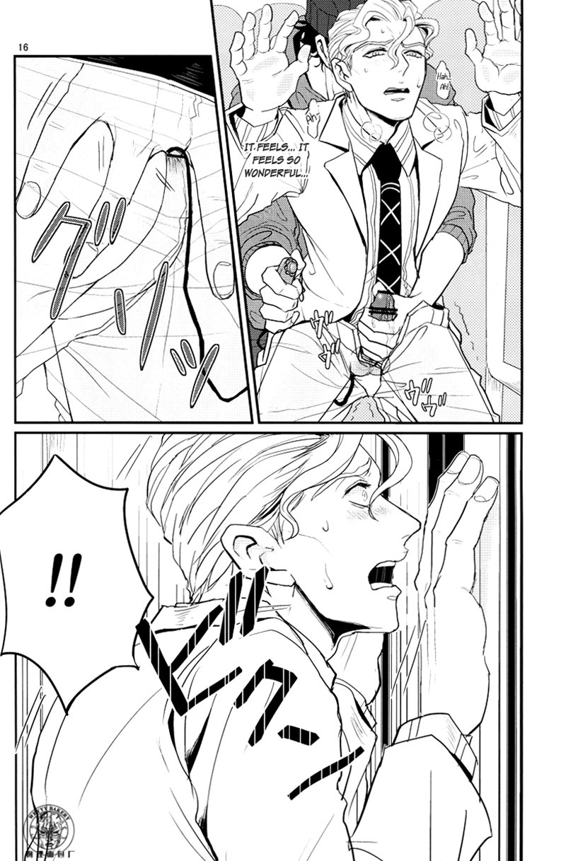 2boys clothed comic diamond_is_unbreakable doujinshi english_text gay jojo's_bizarre_adventure lastcrime male male/male male_only masturbation on_train penis speech_bubble text train_panic_(comic) yaoi yoshikage_kira