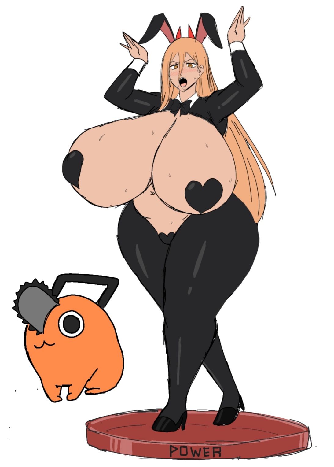 1girls, alternate breast size, alternate costume, black heels, black pasties, blush, breasts, breasts bigger than head, bunny ears, bunnysuit, chainsaw, chainsaw man, color, colored, curvaceous, curves, curvy, curvy body, curvy female, curvy figure, curvy hips, cute, cute fang, demon, demon girl, demon horns, fair skin, fair-skinned female, female, hands up, heart pasties, high heels, humanoid, long hair, momiji (artist), orange skin, pasties, pochita (chainsaw man), posing, power (chainsaw man), reverse bunnysuit, simple background, standing, strawberry blonde hair, thick thighs, trophy, twitter link, voluptuous, voluptuous female, white background, wide hips, yellow eyes