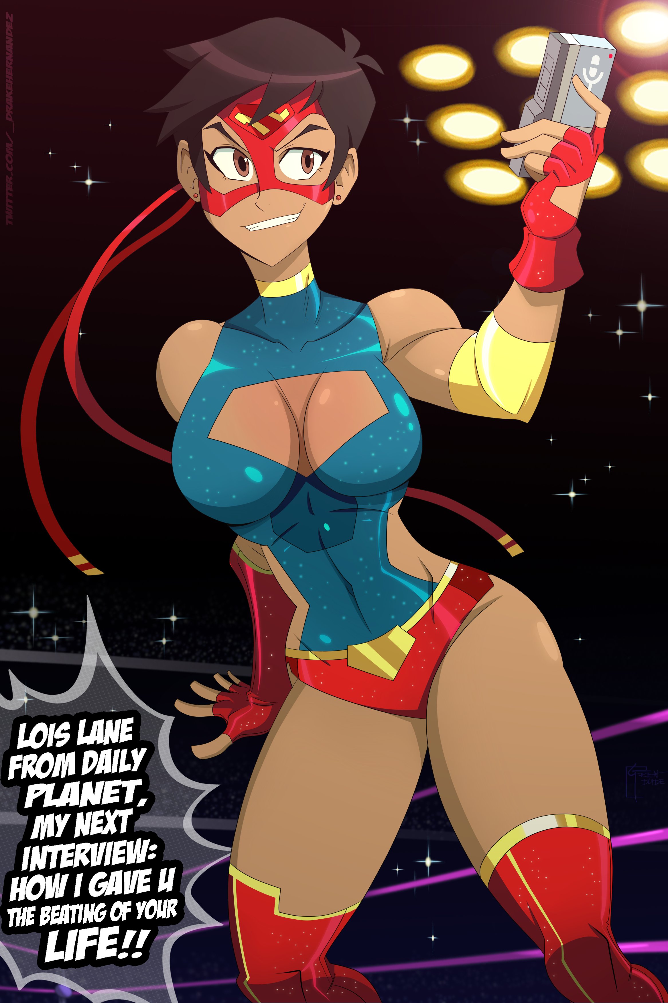 1girls, abs, big breasts, breasts, brown hair, character name, dark skin, dark-skinned female, dc, dc comics, female, great dude, lois lane, lois lane (my adventures with superman), my adventures with superman, recorder, red earrings, signature, smile, speech bubble, superman (series), text, tomboy, wrestler, wrestling, wrestling outfit, wrestling ring