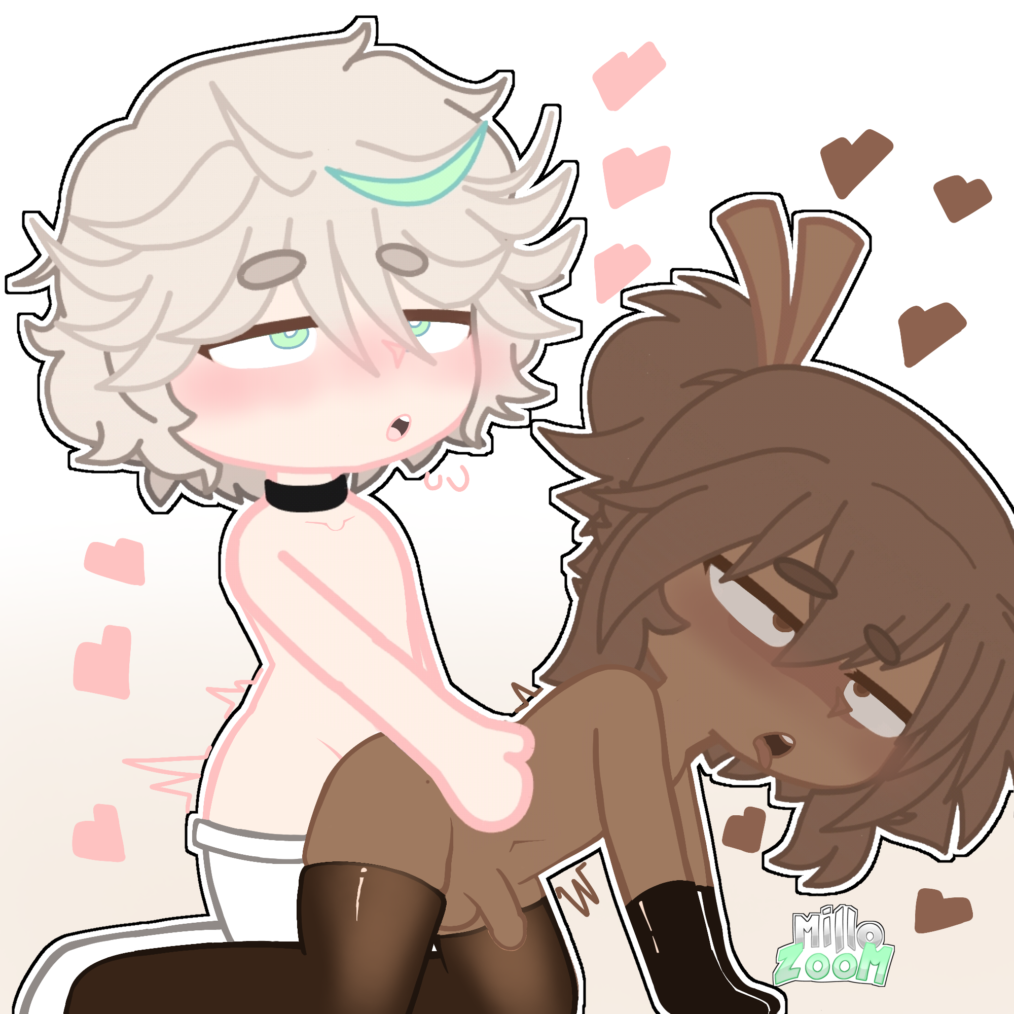 2boys, ahe gao, ahegao, belly button, blush, blushing, brown eyes, brown hair, chibi, chocolate, chocolate and vanilla, choker, collar, collarbone, cute, dark skin, dark-skinned femboy, dark-skinned male, featureless chest, femboy, femboy on femboy, gacha heat, gay, gay anal, gay sex, green eyes, green hair, heart, hearts, light skin, light-skinned femboy, light-skinned male, male, male only, millozoom, multicolored hair, navel, penis, questionable anatomy, simple background, small penis, socks, stockings, white hair, yaoi