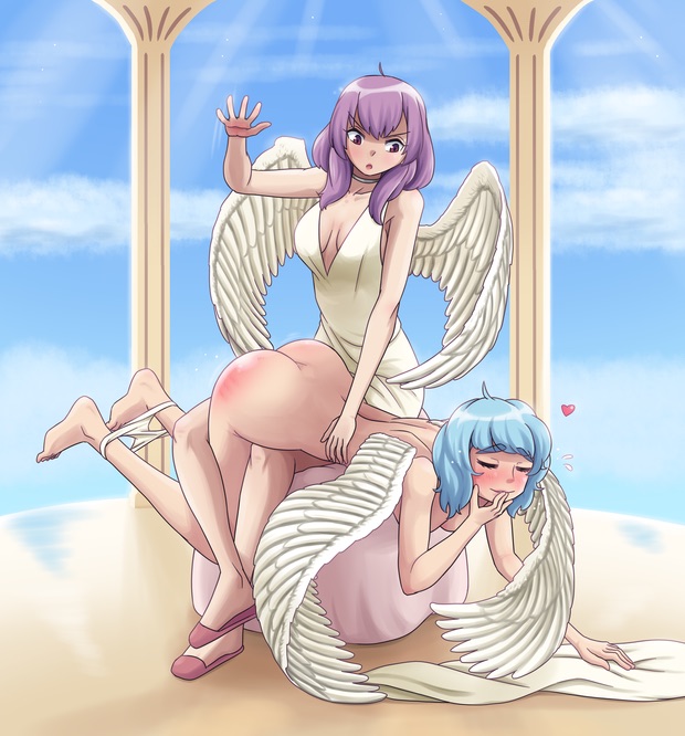 2girls angel angel_wings dress heart-shaped_pupils leg_lock legs_up light_blue_hair light_purple_hair multiple_girls panties_around_ankles slippers smile spank_marks spanking white_panties zekel