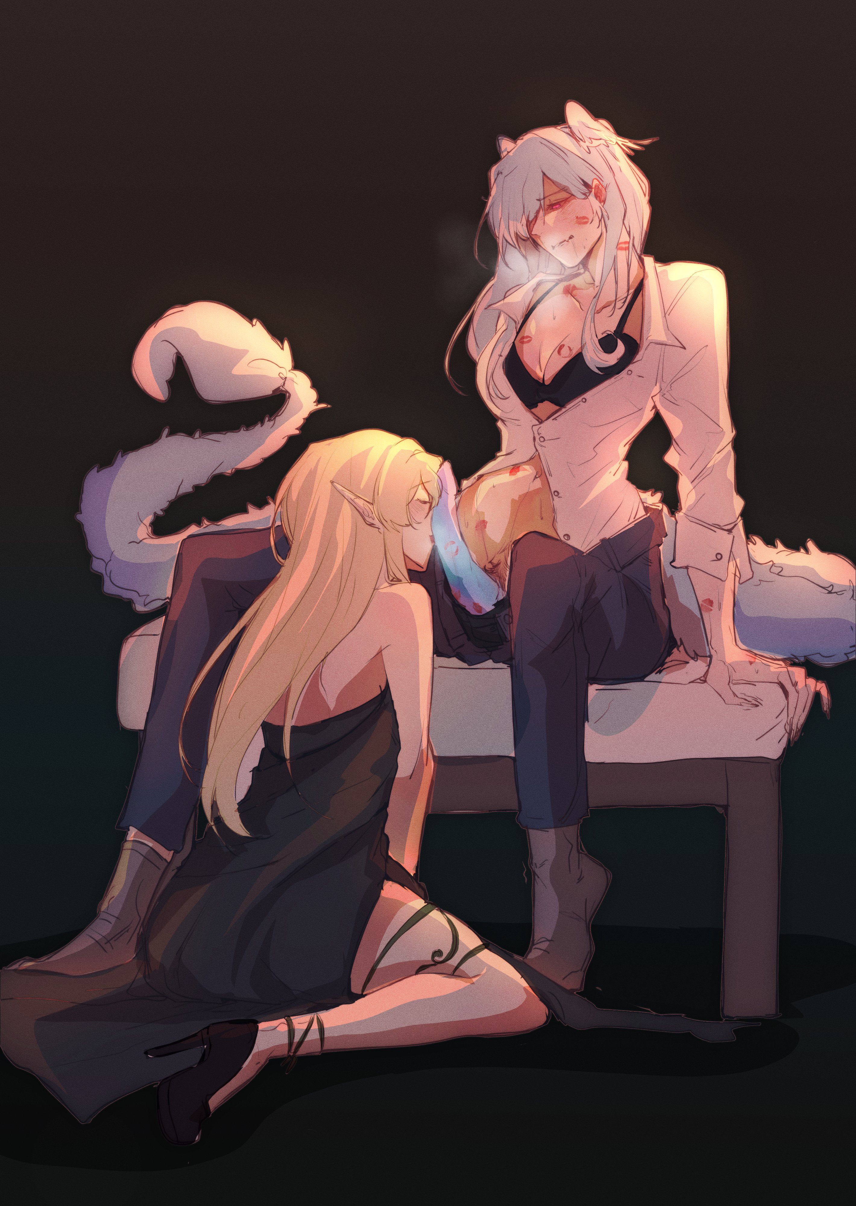 1futa, 1girls, all fours, animal ears, bblanckett, big penis, blonde hair, blue hair, breasts, clothed, clothing, dragon girl, elira pendora, erection, fairy, female, futa on female, futanari, humanoid, intersex, kemonomimi, kneeling, large breasts, licking, licking penis, light skin, light-skinned female, light-skinned futa, mostly clothed, nijisanji, nijisanji en, penile, penis, penis out, pomu rainpuff, sitting, tail, virtual youtuber