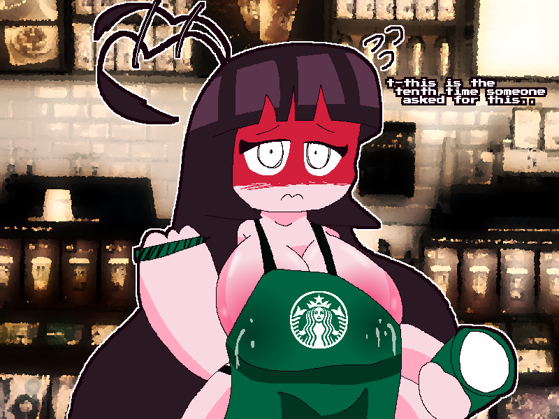 apron_only barista big_breasts blush employee employee_uniform iced_latte_with_breast_milk lactation leaking_milk mysticalgarnet starbucks