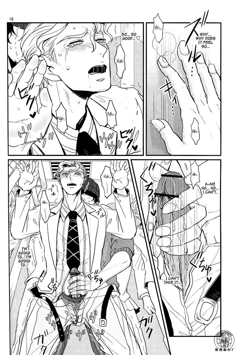 2boys clothed comic diamond_is_unbreakable doujinshi english_text erection gay jojo's_bizarre_adventure lastcrime male male/male male_only masturbation on_train penis speech_bubble text train_panic_(comic) unbuckled_belt yaoi yoshikage_kira