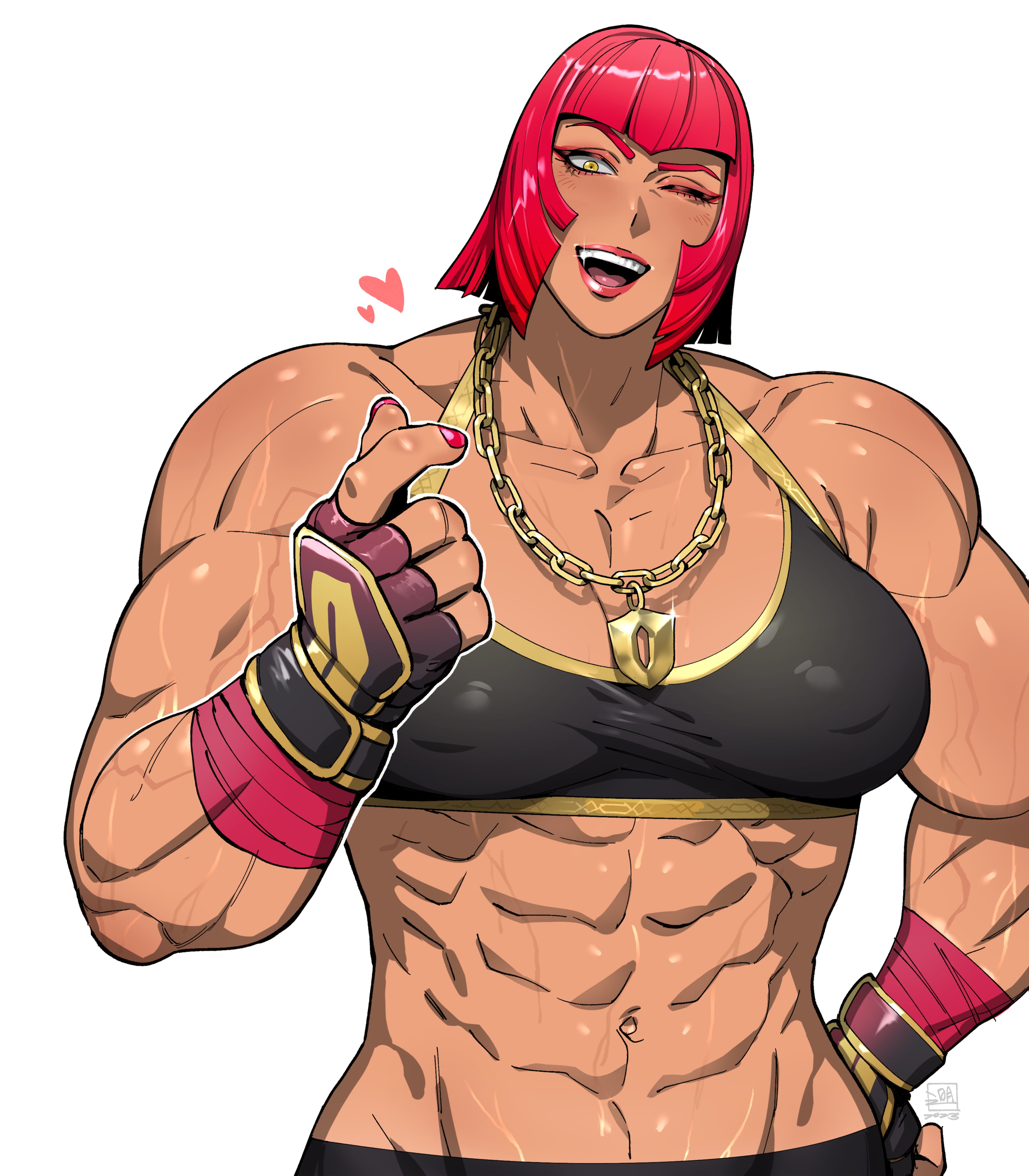 abs, absurd res, arm wraps, eyeshadow, female, giantess, gloves, gold chain, gold jewelry, large female, lilminindahouse, marisa rossetti, midriff, mini giantess, muscular, muscular female, navel, no nostrils, plain background, red hair, smile, sports bra, street fighter, street fighter 6, sweat, sweating, teeth, white background, wink, winking at viewer, yellow eyes
