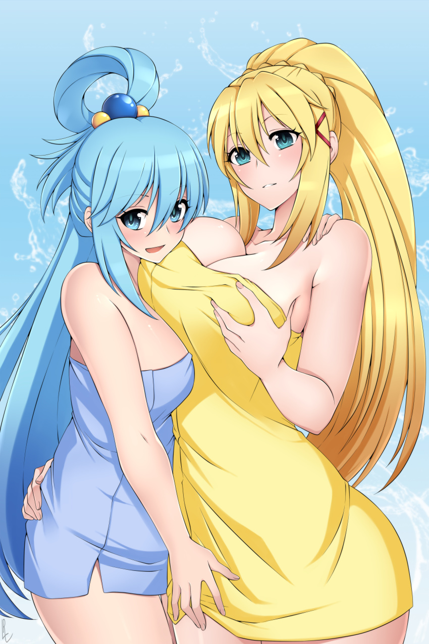 2girls, aqua (konosuba), aqua hair, big breasts, blonde hair, blue background, blue eyes, blush, braid, breast hold, breasts, cleavage, darkness (konosuba), female, female only, hair bobbles, hair ornament, hand on another's hip, hand on another's thigh, higher resolution available, hug, kono subarashii sekai ni shukufuku wo!, large breasts, lindaroze, long hair, looking at viewer, medium breasts, multiple females, multiple girls, naked towel, open mouth, parted lips, ponytail, shiny skin, simple background, teeth, towel, yuri