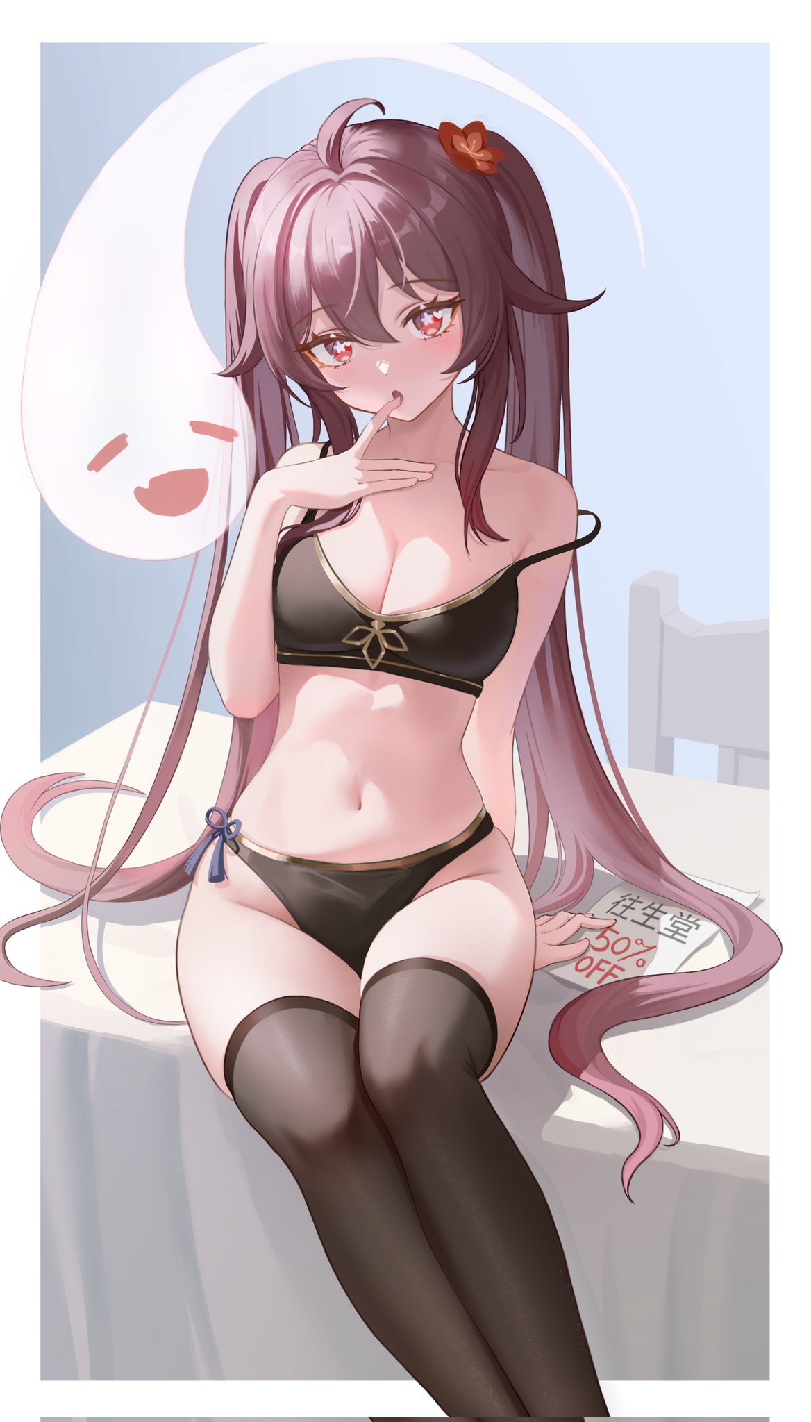 black legwear, breasts, brown eyes, brown hair, collarbone, female, genshin impact, girly, hu tao (genshin impact), light skin, light-skinned female, looking at viewer, naughty face, sitting, tagme, thick thighs, ttkaki, underwear