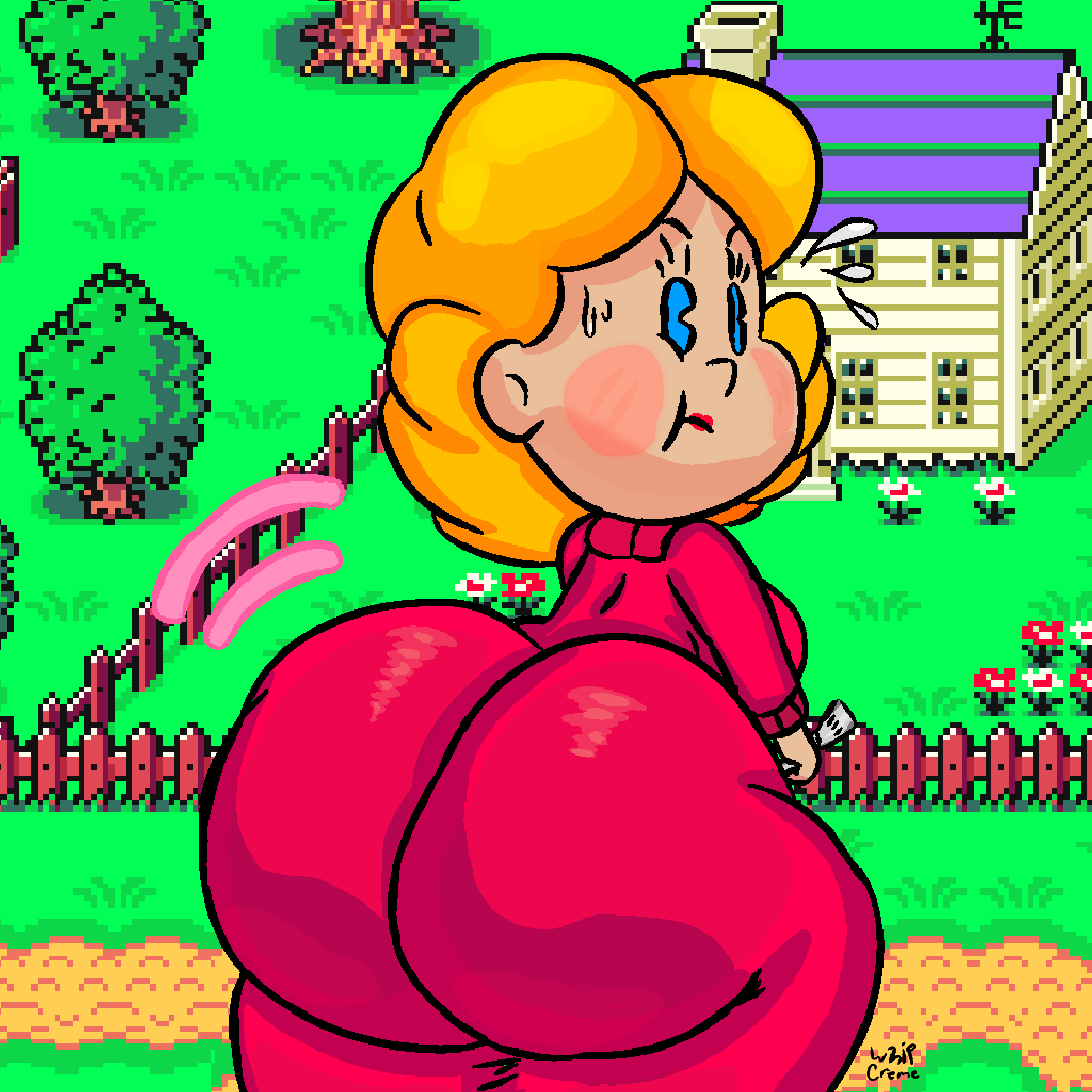 1girls :t angry_expression ass ass_focus background_character big_ass blonde_hair blue_eyes dress earthbound earthbound_(series) fat_ass female_focus female_only looking_back_at_viewer milf monstorlilly mother_2 ness's_mom pac-man_eyes pout red_dress spatula