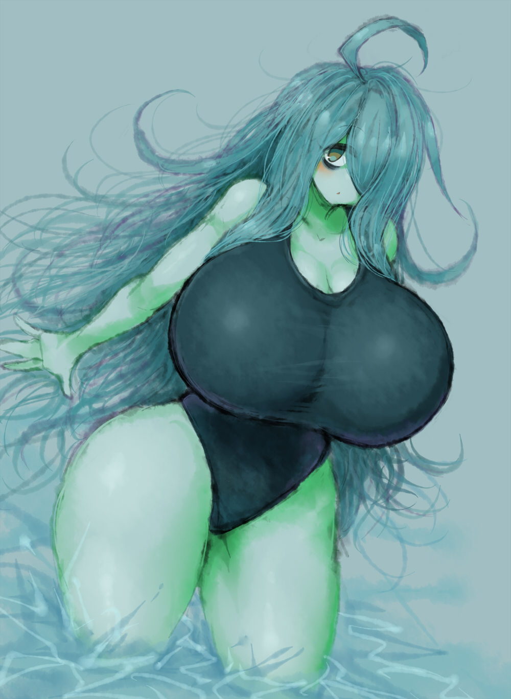 1girls, 2b213, ass, big breasts, breasts, busty, eye bags, female, female only, gigantic breasts, grey background, grey hair, hair, hair over one eye, hourglass figure, huge breasts, large breasts, long hair, mei (2b213), messy hair, original, simple background, solo, solo female, swimsuit, thick ass, thick thighs, thin waist, very long hair, voluptuous, voluptuous female, wide hips
