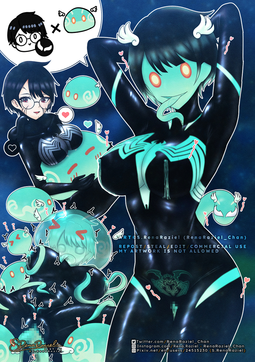 2023, anemo slime, armpits, arms behind head, artist name, artist self-insert, artist signature, ass, assimilation, black hair, breasts, censored, corruption, crossover, female, genshin impact, glasses, large ass, large breasts, long tongue, marvel, marvel comics, pubic tattoo, pussy, real person, red eyes, s rena raziel (artist), short hair, slime, smile, surprised, symbiote, tattoo, tentacle, thick thighs, tongue, vagina, vaginal penetration, venom, venom (marvel), wide hips