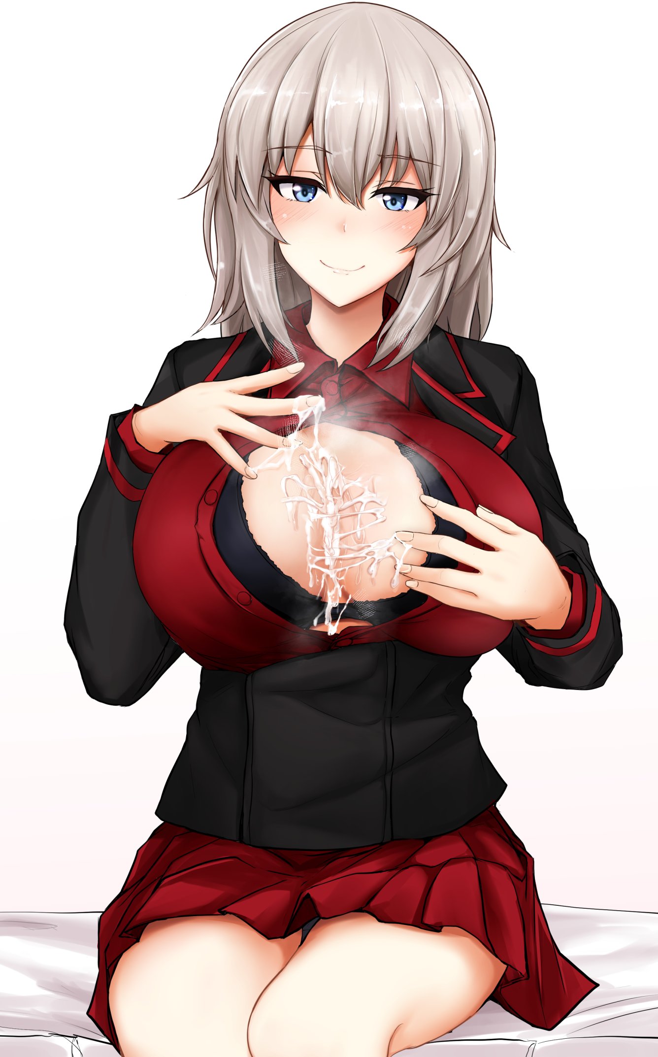 after paizuri, blue eyes, breasts, cum, cum between breasts, cum bridge, female, girls und panzer, itsumi erika, military uniform, poshi (ginmokusei), silver hair