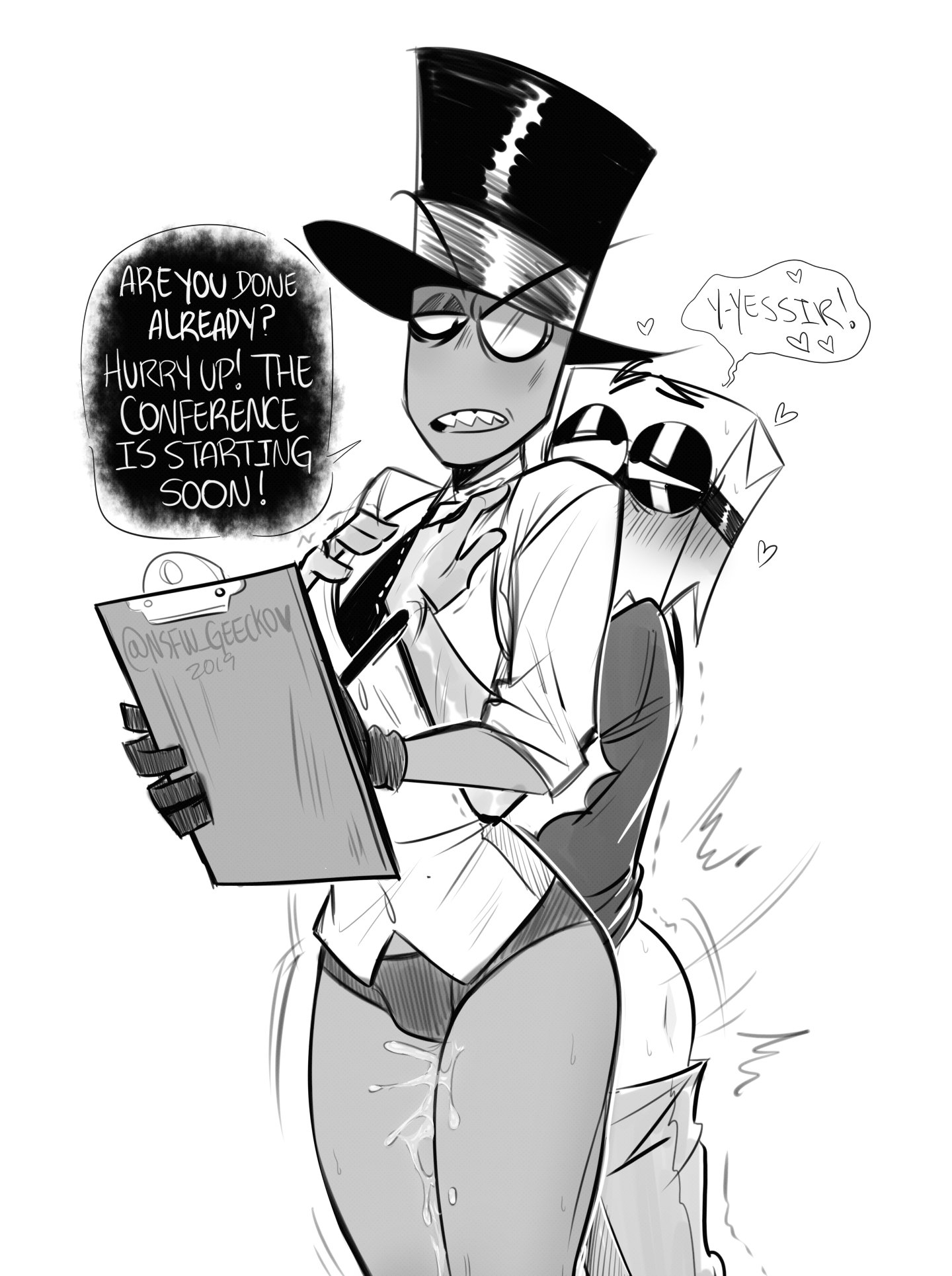 2019, 2boys, black hat (villainous), blush, cartoon network, clothed, clothing, cross-eyed, cum, dialogue, dr. flug (villainous), duo, english text, eyewear, gay, genital fluids, gloves, goggles, half-closed eyes, handwear, hat, headgear, headwear, humanoid, looking pleasured, male, male only, male/male, monocle, motion lines, narrowed eyes, non-human, nsfw geecko, open mouth, pants, pants down, paper bag, sex, sweat, teeth, text, thigh sex, thighjob, toony, top hat, underwear, villainous, yaoi