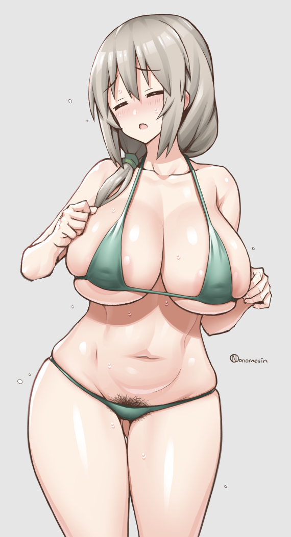 :o, 1girls, areola slip, bikini, breasts, closed eyes, female, female only, huge breasts, pubic hair, signature, skindentation, solo, swimsuit, thick thighs, uzaki tsuki, uzaki-chan wa asobitai!, wide hips