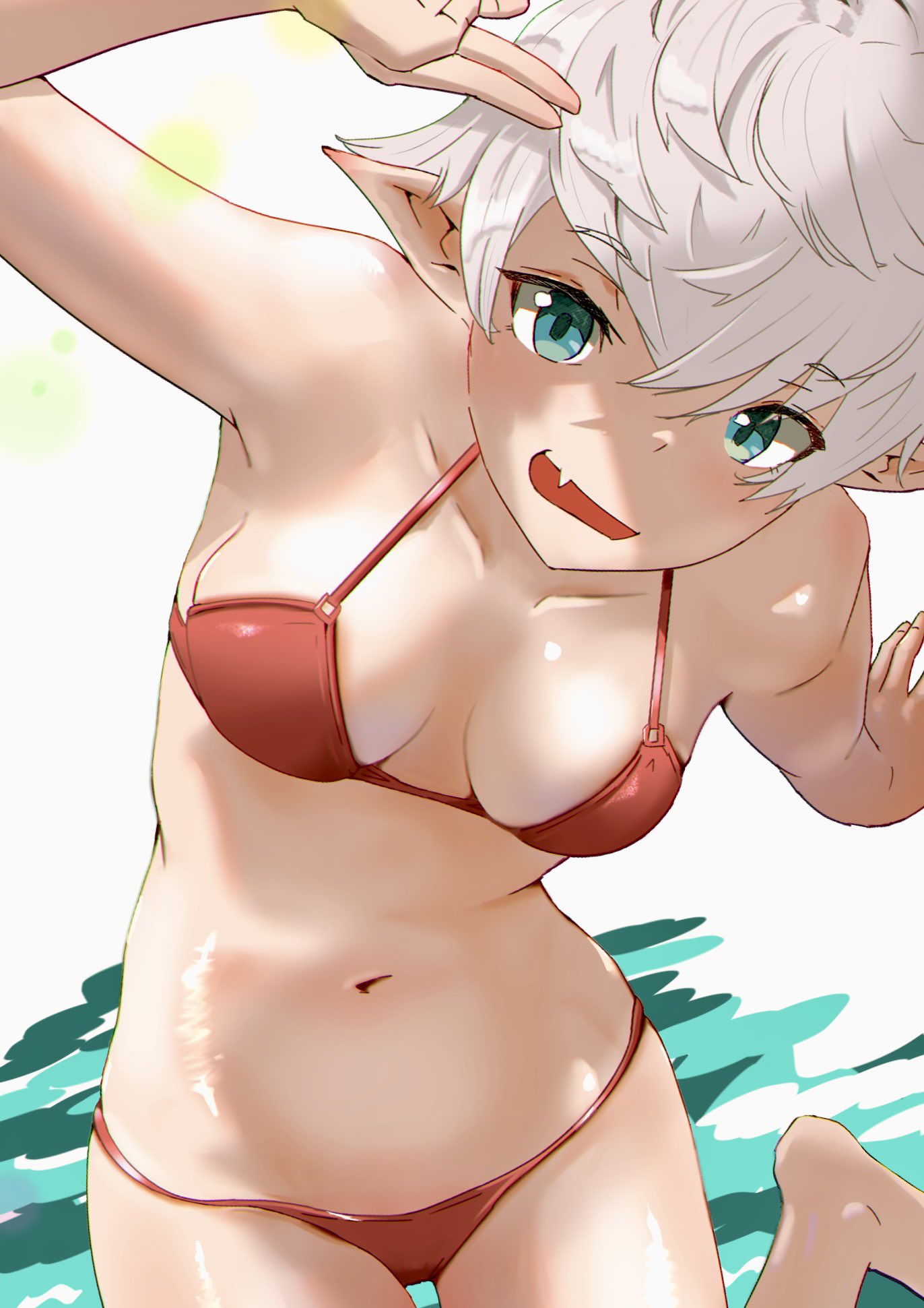 1girls, alisaie leveilleur, bikini, bikini bottom, bikini top, elezen, elf, elf ears, elf female, elf girl, female, final fantasy, final fantasy xiv, green eyes, light skin, light-skinned female, looking at viewer, pale skin, pale-skinned female, petite, petite body, petite female, red bikini, red bikini bottom, red bikini top, red swimsuit, smiling, smiling at viewer, square enix, swimsuit, white hair