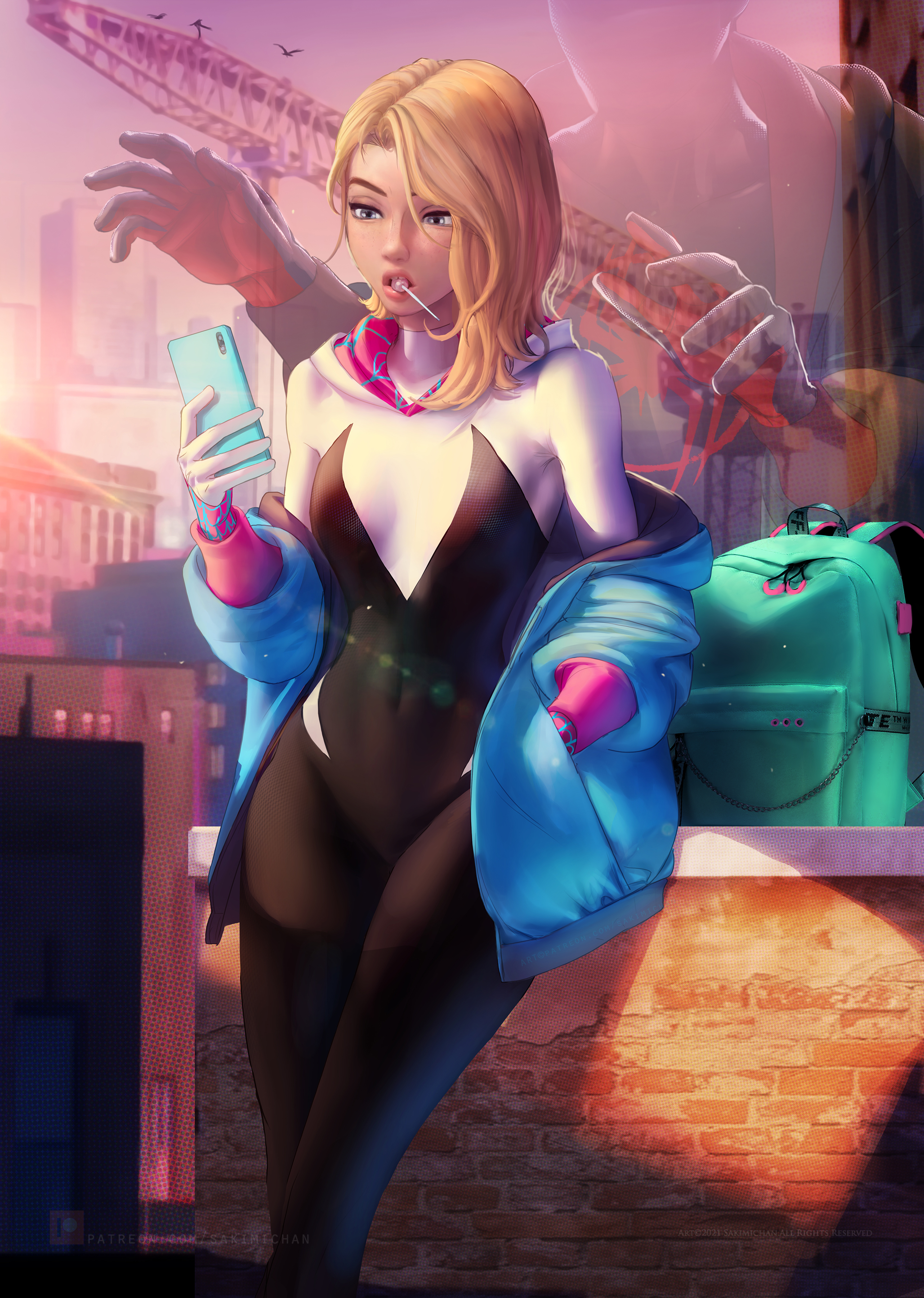 1boy, 1girls, blonde hair, blue eyes, breasts, couple, female, gwen stacy, interracial, jacket, lollipop, male, marvel, marvel comics, miles morales, sakimichan, small breasts, spider-gwen