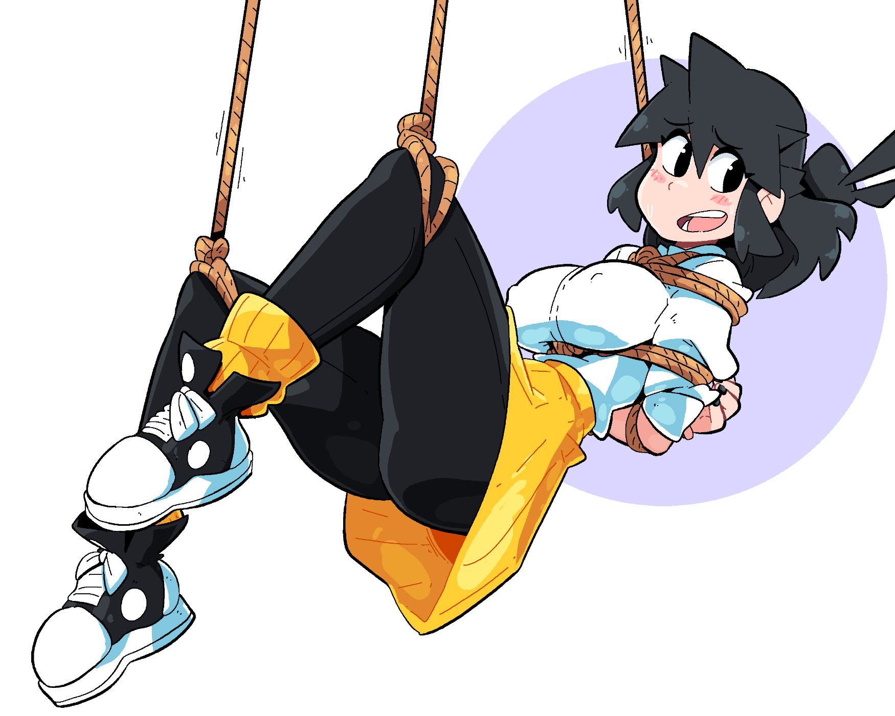 1girls, black eyes, black hair, black pants, blush, bondage, clothing, embarrassed, female, fully clothed, light skin, light-skinned female, lucia (scott malin), nipples visible through clothing, original, original character, rope bondage, scott malin, skirt, sneakers, socks, solo, suspension bondage, tights, yellow skirt