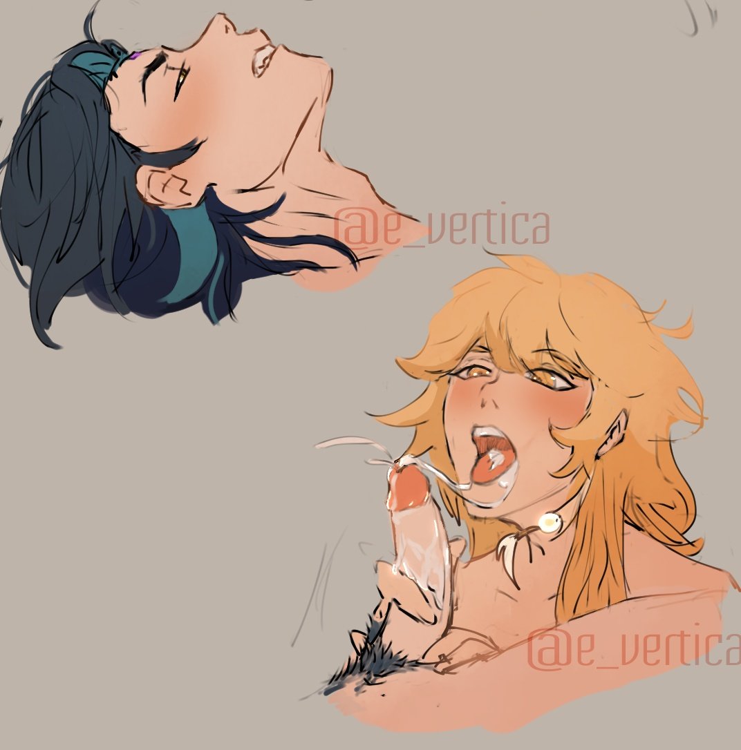 aether (genshin impact), blonde hair, blowjob, e vertica, fellatio, genshin impact, male, male focus, male only, pleasure face, stress relief, teal hair, xiao (genshin impact)