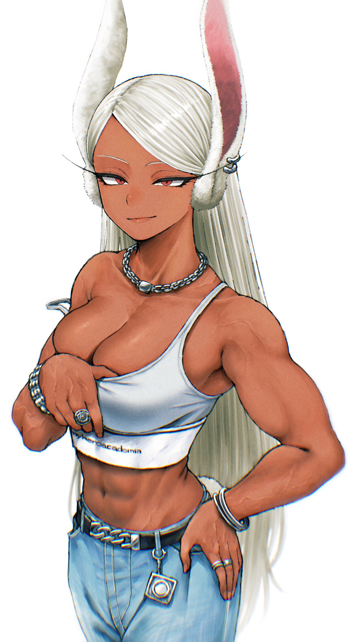 1girls abs bare_shoulders biceps boku_no_hero_academia breasts bunny_ears bunny_girl chains condom condom_accessories condom_wrapper dark-skinned_female dark_skin ear_piercing female female_only fit_female hand_on_hip jeans jewelry large_breasts looking_at_viewer midriff miruko muscular muscular_female my_hero_academia red_eyes rumi_usagiyama tank_top toned_body toned_female toned_stomach tsukumo_momo usagiyama_rumi veins veiny_muscles white_hair