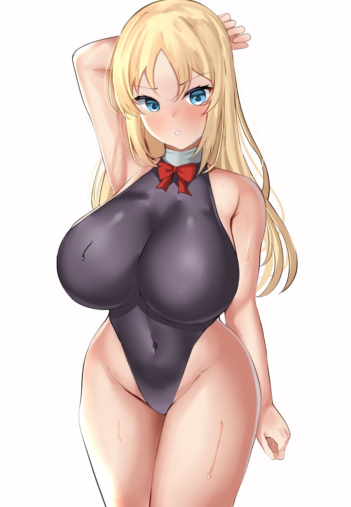 alternate_breast_size arm_up armpits bare_shoulders big_breasts bismarck_(kantai_collection) black_leotard blonde_hair blue_eyes blush breasts clenched_hand covered_navel cowboy_shot female highleg highleg_leotard huge_breasts kantai_collection large_breasts leotard long_hair looking_at_viewer parted_bangs parted_lips simple_background solo tf_cafe white_background