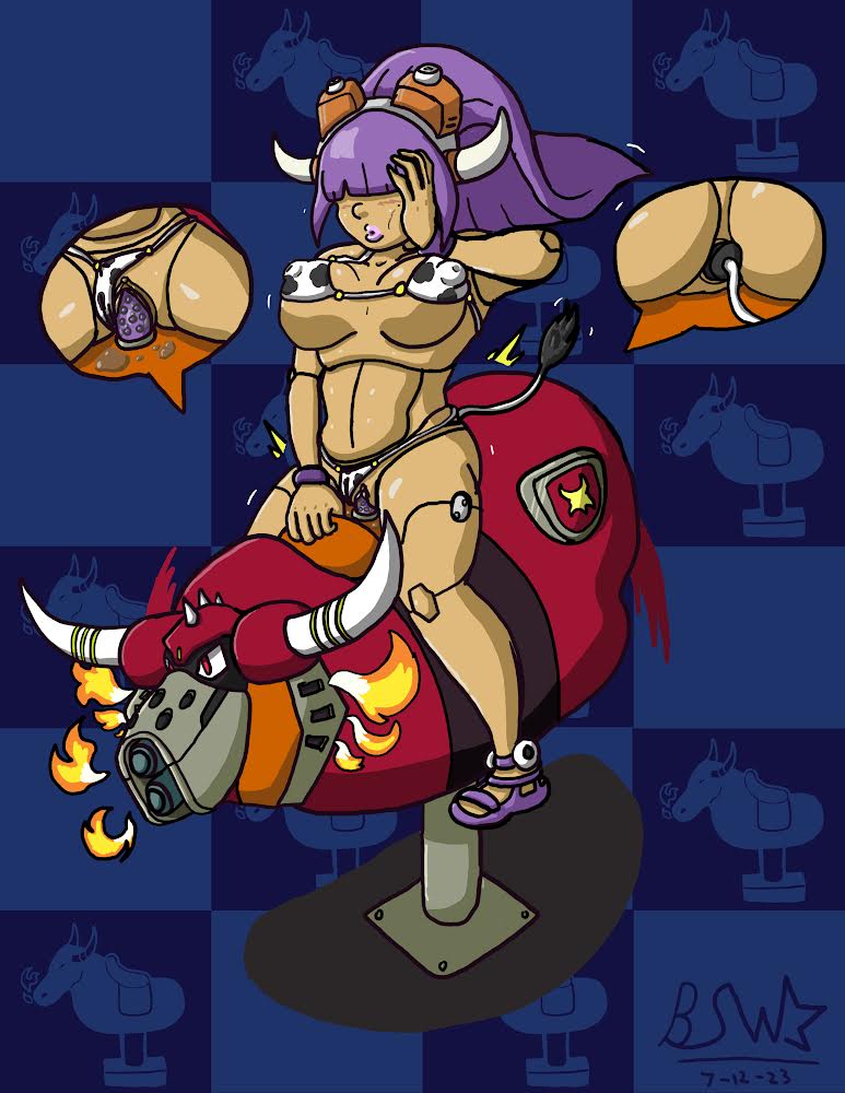 android_girl bluestarwishes blush bouncing_breasts buttplug capcom cow_horns cow_tail cowgirl_position cowprint dildo dildo_in_pussy doll_joints hair_over_eyes layer masturbation mechanical_bull mega_man mega_man_x mega_man_x_dive nipple_bulge ponytail purple_hair reploid robot_girl sex_toy swimsuit tanned_skin taurus_fire vaginal