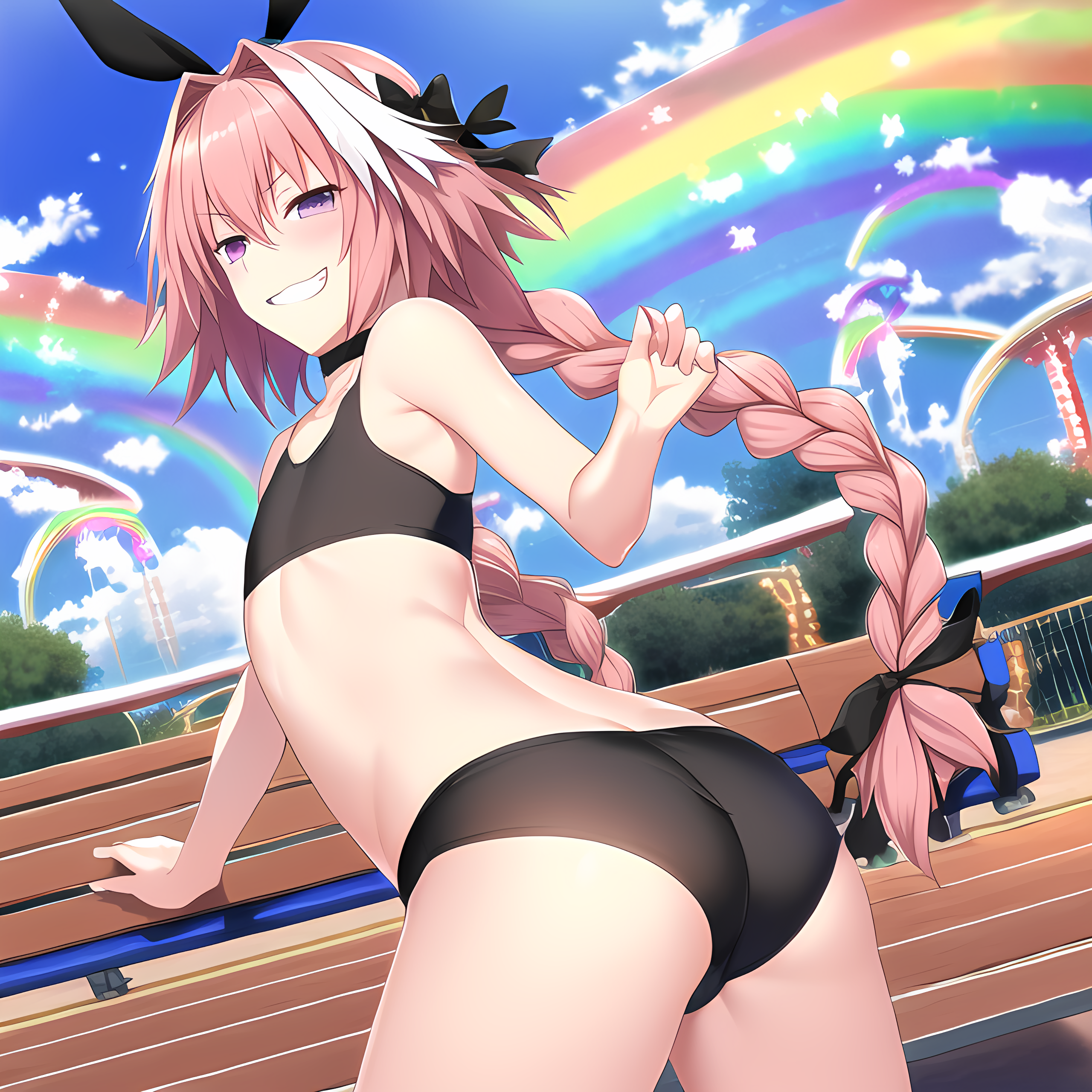 1boy, ai generated, amusement park, ass, ass focus, astolfo (fate), background, bench, black clothing, bow, braid, choker, clothed, clothed male, clothing, clouds, crop top, day, detailed background, fate (series), fate/apocrypha, fate/grand order, femboy, girly, grin, hair ornament, hair ribbon, hairbow, happy, human, human only, light skin, light-skinned male, long braid, long hair, looking at viewer, looking back, looking back at viewer, male, neckwear, novelai, outside, panties, park, pink eyes, pink hair, purple eyes, rainbow, rear view, smile, smiling, smiling at viewer, smirk, solo, teeth, twin braids, twintails, underwear, very long hair