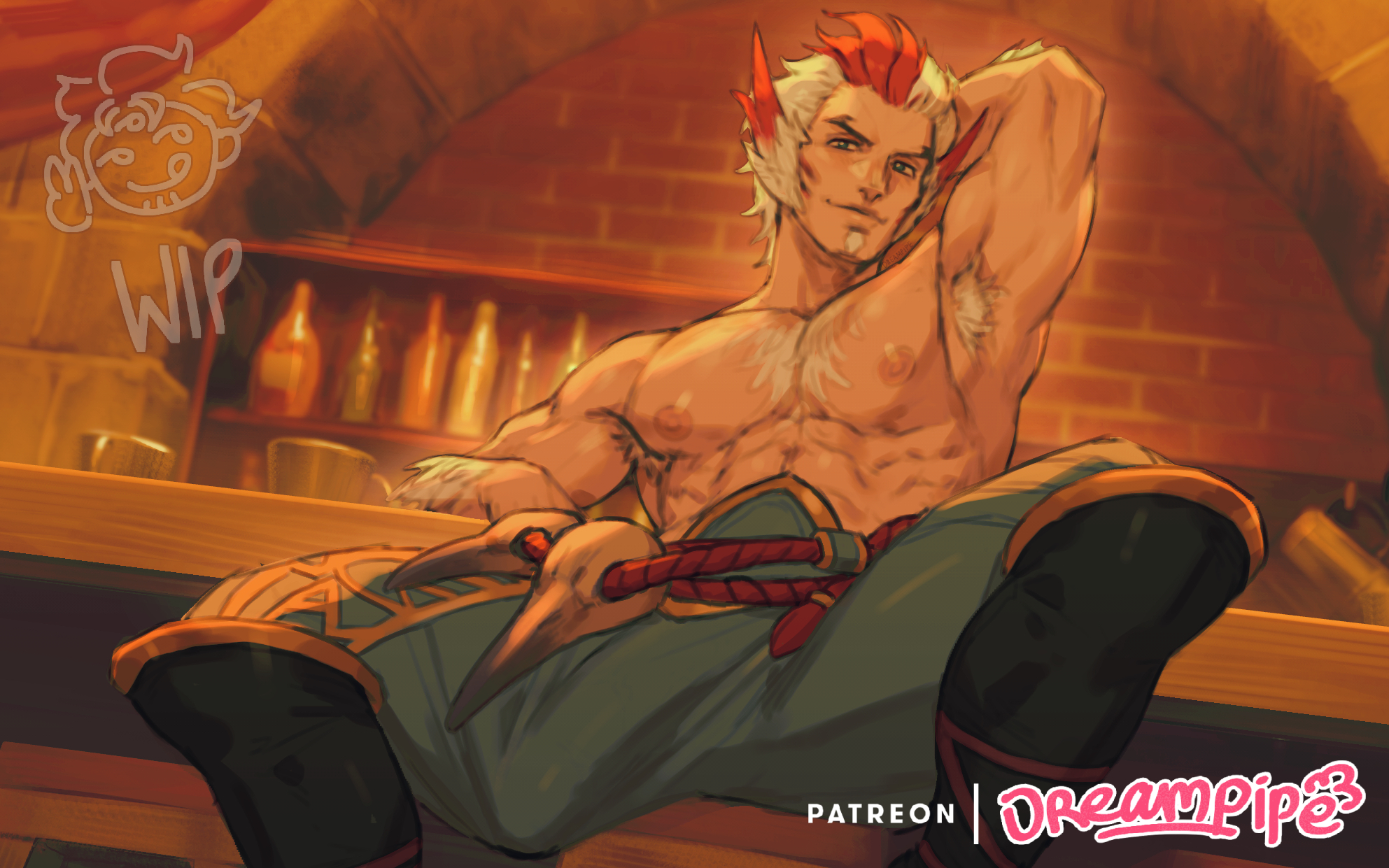 1boy, abs, alcohol, areolae, armpit hair, armpits, big bulge, big penis, bulge, bulge through clothing, chest hair, cocky, dreampipe, erection under clothes, goatee, hairy, hand behind head, hand on head, huge cock, kiashigetsnasty, league of legends, looking at viewer, looking down, looking down at viewer, low-angle view, male, male only, manspreading, muscular, muscular male, navel, nipples, pecs, penis, pov, pov eye contact, rakan, reclining, red hair, riot games, signature, sitting, smile, smiling at viewer, smirk, smirking at viewer, smug, solo, solo male, spread legs, tavern, two-tone hair, white hair