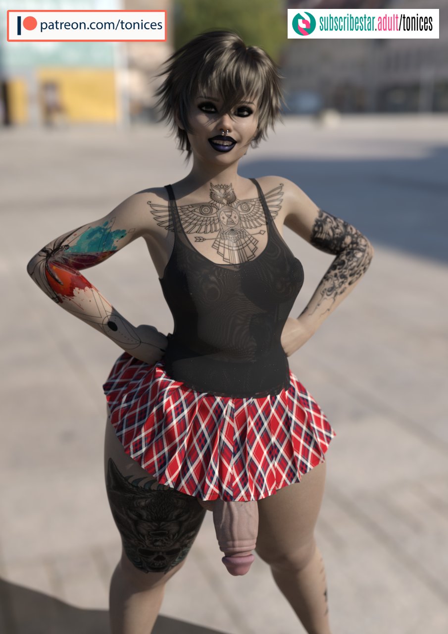 3d, black hair, breasts, dalia (tonices), futa only, futanari, goth futa, goth makeup, intersex, lipstick, nose piercing, nose ring, original, original character, penis, penis under skirt, piercing, punk, shortstack, skirt, small breasts, tagme, tank top, tattoo, tattoos, tonices