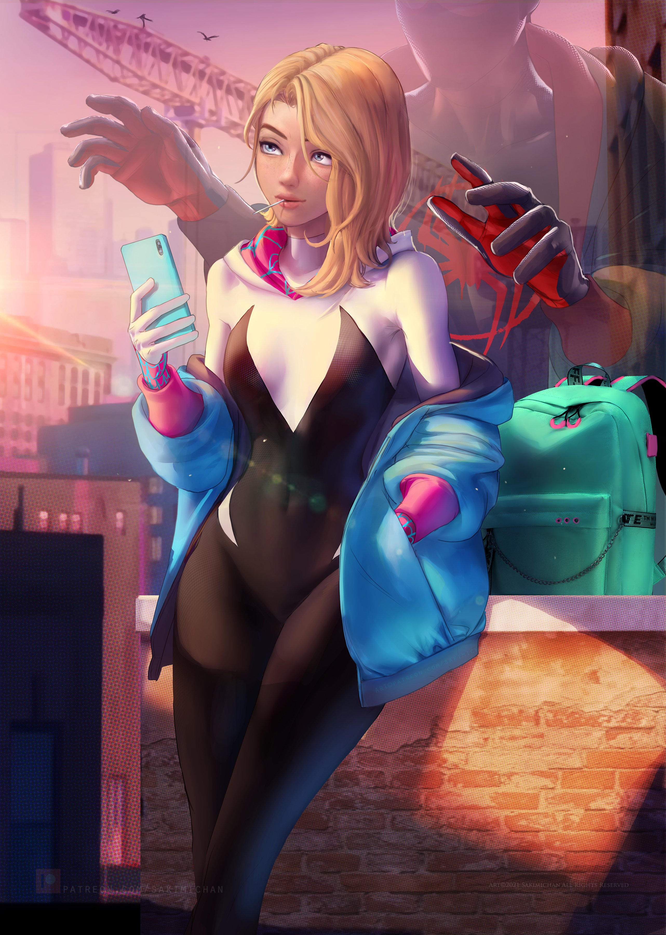 1boy, 1girls, blonde hair, blue eyes, breasts, couple, female, gwen stacy, interracial, jacket, lollipop, male, marvel, marvel comics, miles morales, sakimichan, small breasts, spider-gwen
